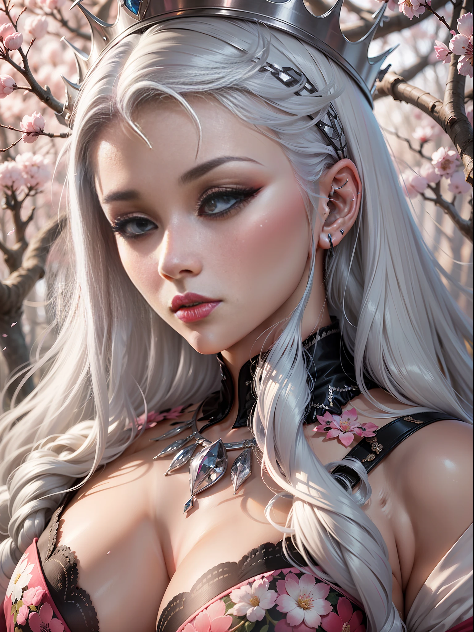 (((Woman with platinum hair))), a beautiful crown on her head, detailed face, detailed skin, a pink forest in the foreground, pink landscape, cotton candy trees, pink forest, cherry blossom forest, japonisme， 8k, super detail, masterpiece, anatomically correct, textured skin, high details, high quality, award winning,