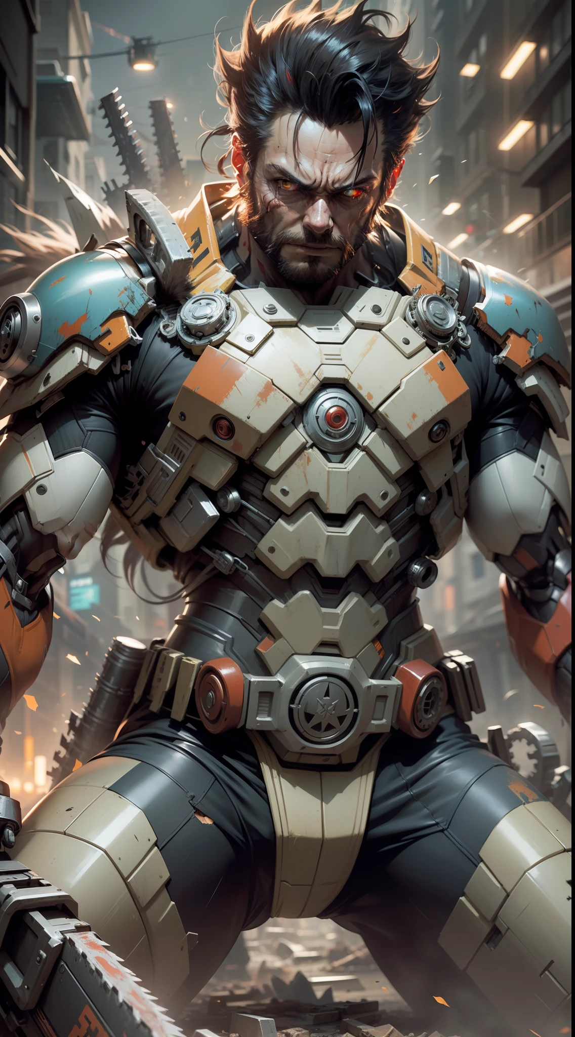 wolverine Dark_Fantasy,Cyberpunk,(chainsaw,chainsaw man,Red: 1.1),1man (wolverine's face),Mechanical wonder,Robotic presence,Cybernetic guardian, wearing a worn mechanical suit, intricate, (steel metal [rusty]), elegant, clear focus, shot by greg rutkowski, soft lighting, vibrant colors, masterpiece, ((street)), cowboy shot, dynamic pose,