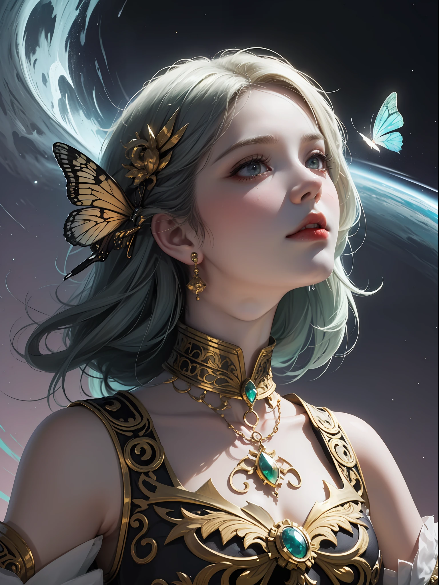 ((Best Quality, 8k, Masterpiece: 1.3)) Beautiful Woman: 1.3, Beautiful Face, Crawling Saturated Colors, Psychedelic Images, LSD, Mandala, Fractals, Clothing, Tattoos, Painted Body, Body Tilted Forward, Similar to Alex Gray's Art, Lots of Color Saturation, Swirls, Surreal, Planet Earth, Galaxies, Lots of Lighting, Shadows and Contrast, Role Play, Realistic Eyes, Green Iris, 3D Depth, Realistic Skin Texture, Detailed Sharp Scales, Colorful, fantasy art, artgerm ruan jia and greg rutkowski surrealist wet lacquer gold butterfly filigree art, broken glass