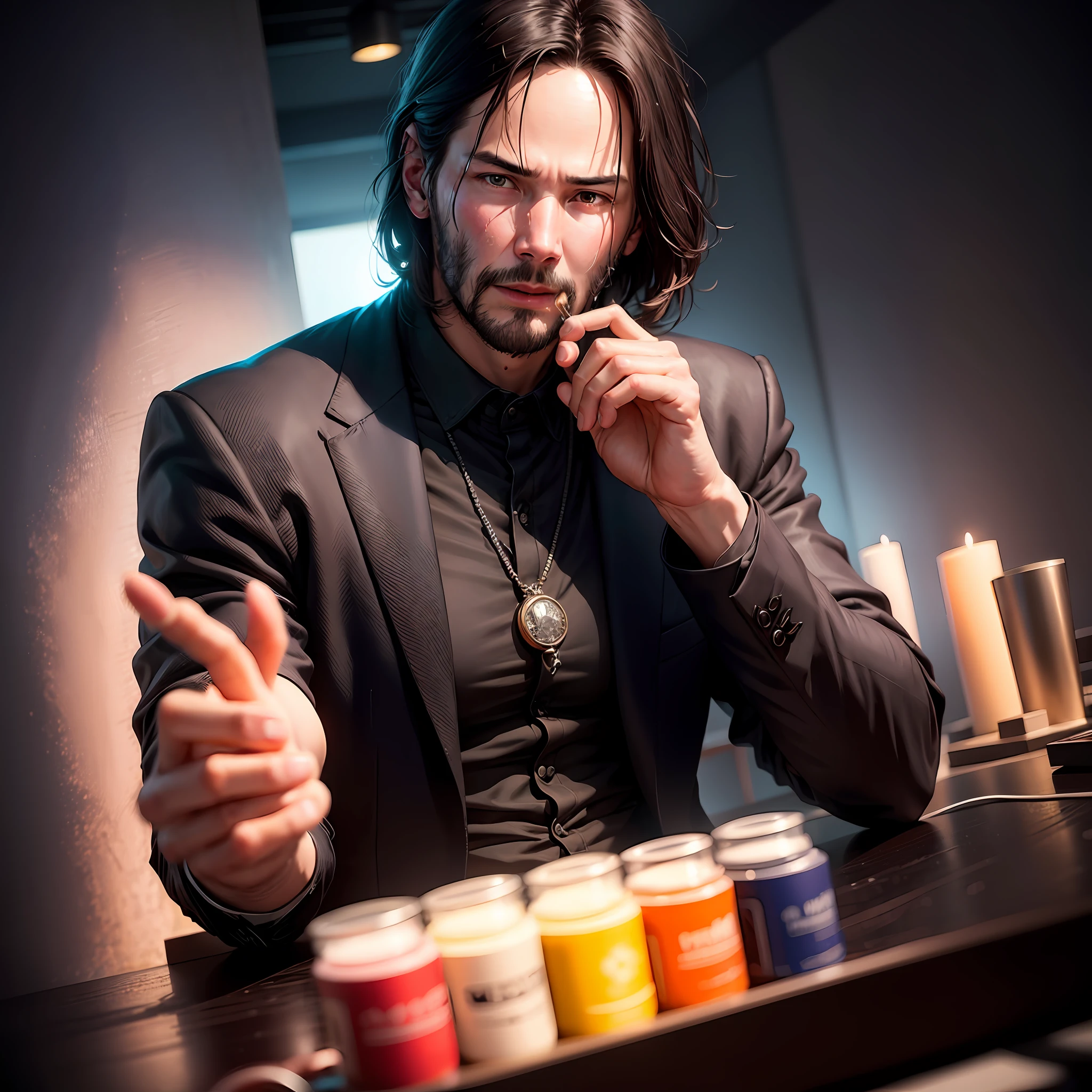 A man, young, handsome, Keanu Reeves, with index finger right on his lips, asking for silence, lighting, face photo, abstract background, led colored lights, oil painting, ultra quality, Masterpiece, surreal --auto