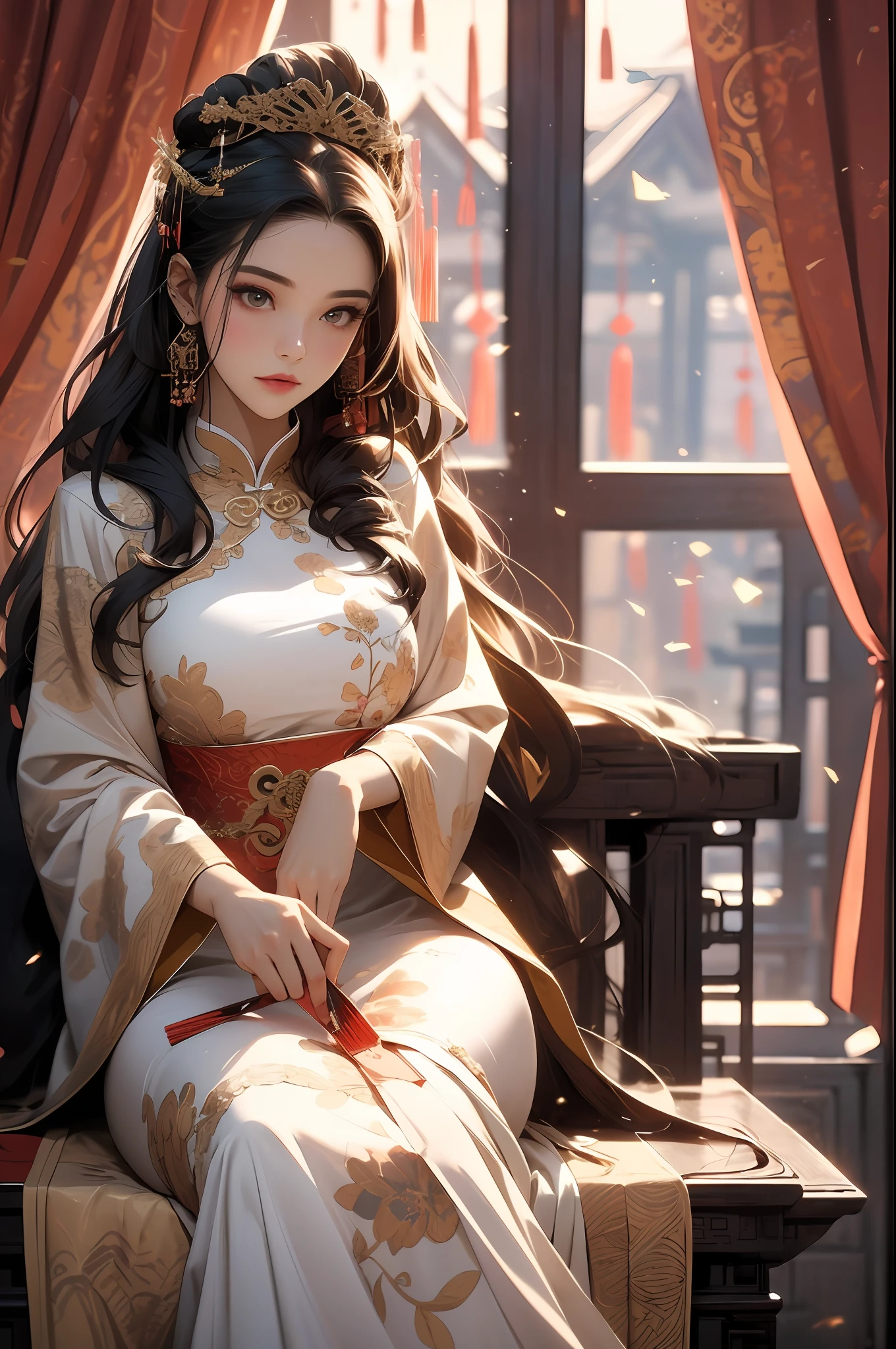 ((Best Quality)), ((Ultra High Resolution)), ((Realistic)), Fine Details, Age 19 on Appearance, Black Hair, Perfect Face Shape, Moderate Makeup:1.5, Face Lighting, Accentuating Details, Long Hair, Wearing Chinese Wedding Dress, Gold Headgear Decoration, Holding a Fan, Red Wedding Dress Extra Points: 1.3, Gold Dress Details. Full body portraits, windows, beds, curtains, candlelight, present a picture of a long-range pose.