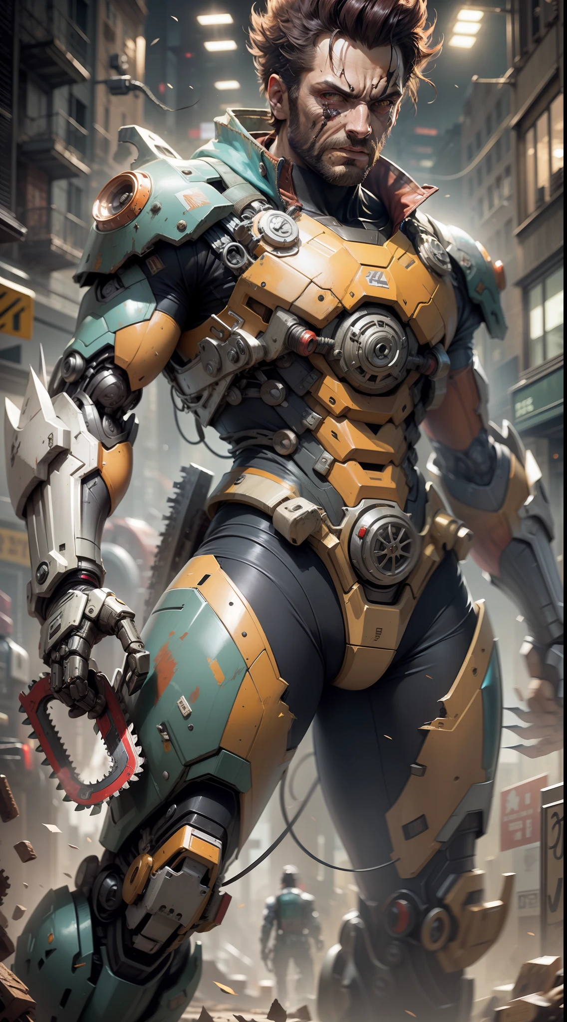 wolverine Dark_Fantasy,Cyberpunk,(chainsaw,chainsaw man,Red: 1.1),1man (wolverine's face),Mechanical wonder,Robotic presence,Cybernetic guardian, wearing a worn mechanical suit, intricate, (steel metal [rusty]), elegant, clear focus, shot by greg rutkowski, soft lighting, vibrant colors, masterpiece, ((street)), cowboy shot, dynamic pose,