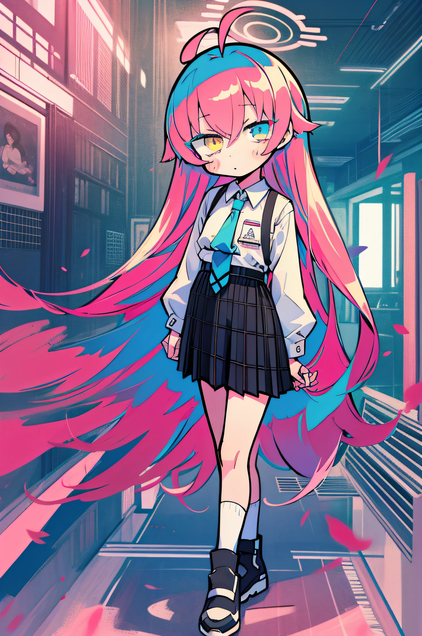 masterpiece, best quality, super detailed, one girl, little bird yu hoshino,pink hair, ahoge, long hair, odd eye, white shirt, pleated skirt, short stature, chibi character, standing,