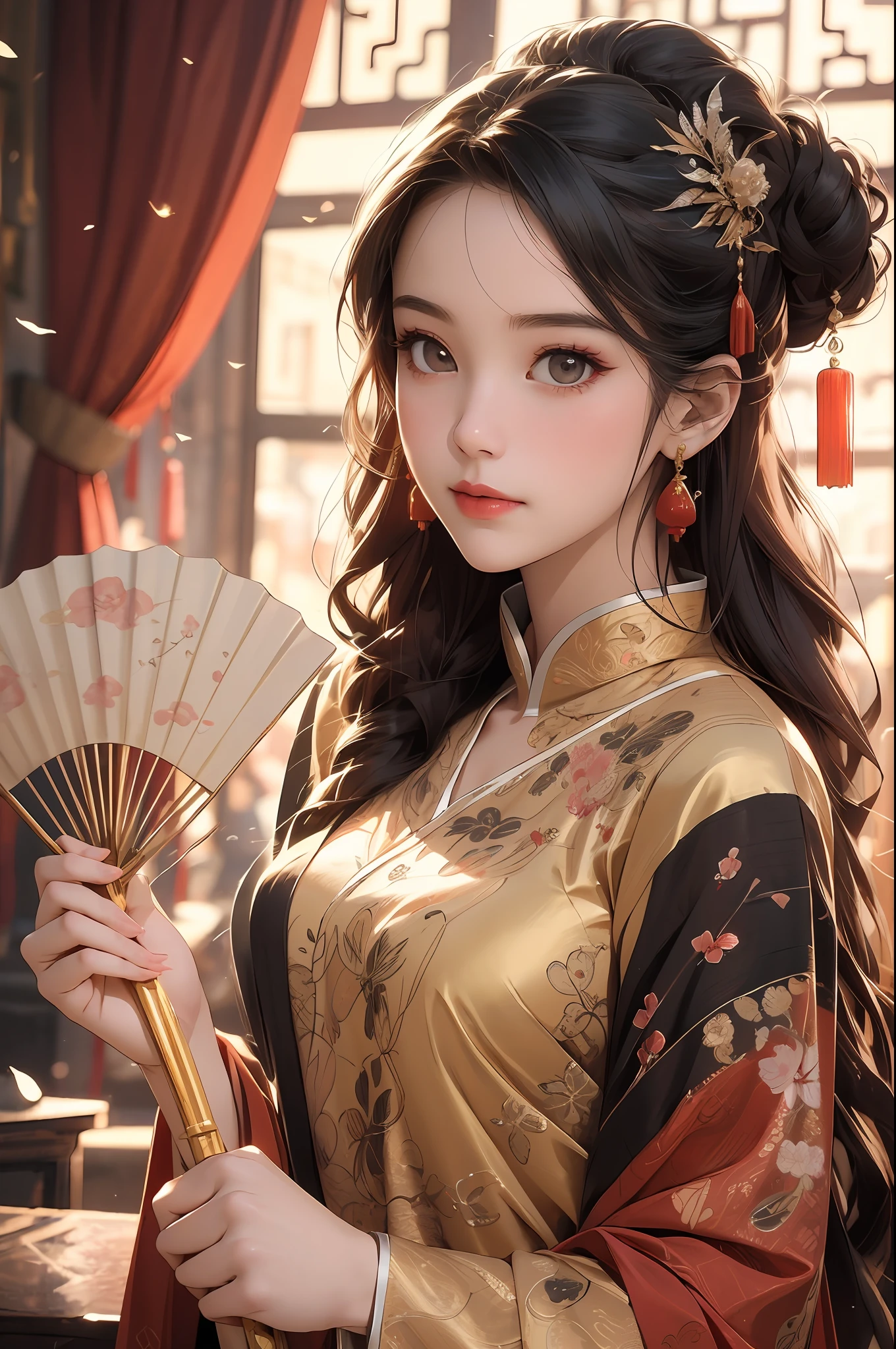 ((Best Quality)), ((Ultra High Resolution)), ((Realistic)), Fine Details, Age 19 on Appearance, Black Hair, Perfect Face Shape, Moderate Makeup:1.5, Face Lighting, Accentuating Details, Long Hair, Wearing Chinese Wedding Dress, Gold Headgear Decoration, Holding a Fan, Red Wedding Dress Extra Points: 1.3, Gold Dress Details. Full body portraits, windows, beds, curtains, candlelight, present a picture of a long-range pose.