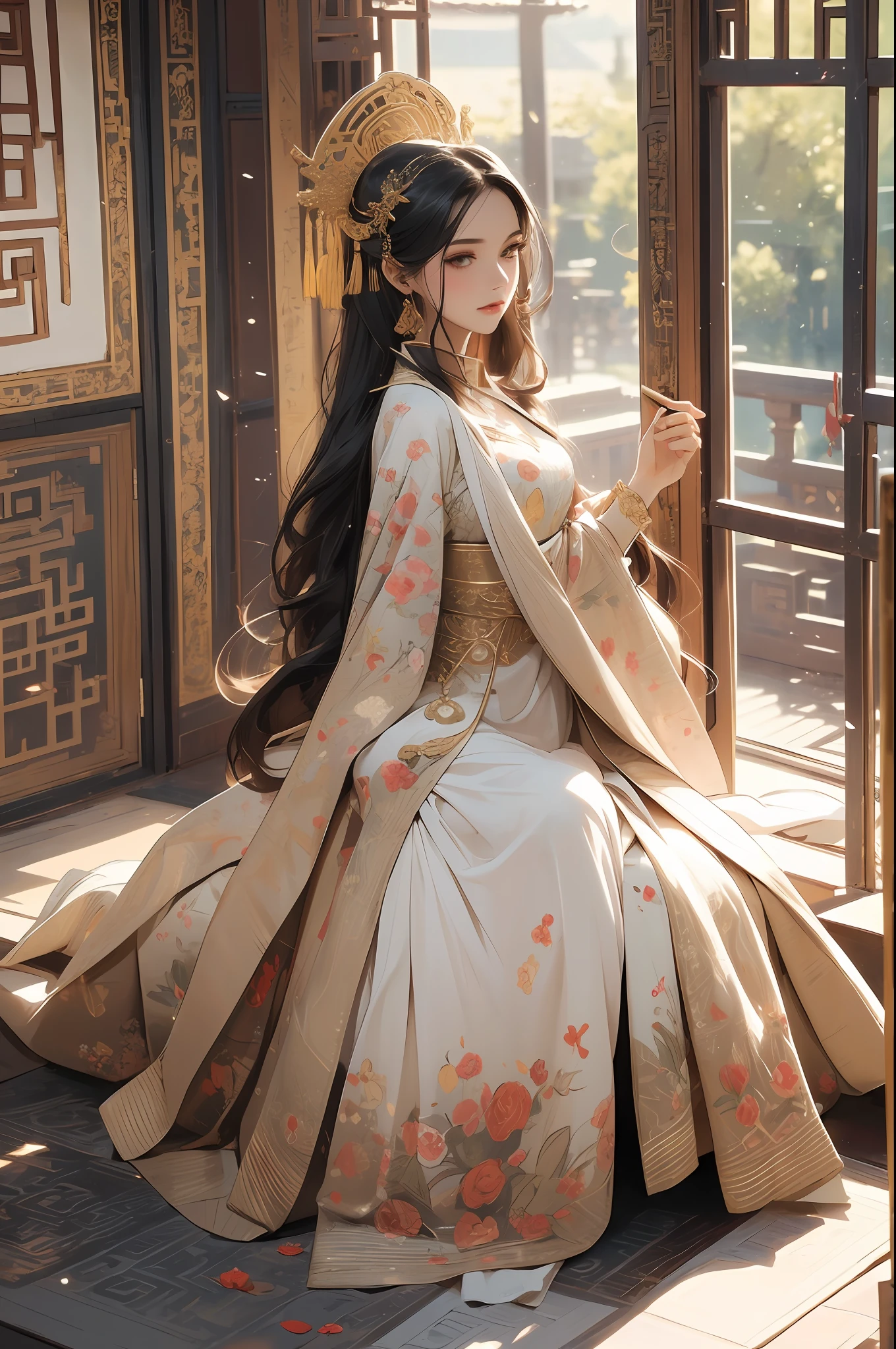 ((Best Quality)), ((Ultra High Resolution)), ((Realistic)), Fine Details, Age 19 on Appearance, Black Hair, Perfect Face Shape, Moderate Makeup:1.5, Face Lighting, Accentuating Details, Long Hair, Wearing Chinese Wedding Dress, Gold Headgear Decoration, Holding a Fan, Red Wedding Dress Extra Points: 1.3, Gold Dress Details. Full body portraits, windows, beds, curtains, candlelight, present a picture of a long-range pose.