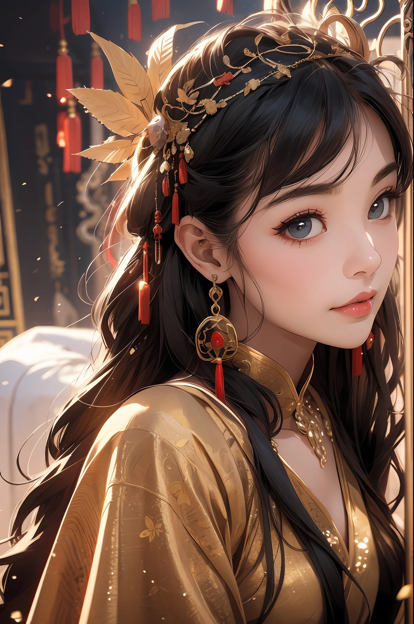 ((Best Quality)), ((Ultra High Resolution)), ((Realistic)), Fine Details, Age 19 on Appearance, Black Hair, Perfect Face Shape, Moderate Makeup:1.5, Face Lighting, Accentuating Details, Long Hair, Wearing Chinese Wedding Dress, Gold Headgear Decoration, Holding a Fan, Red Wedding Dress Extra Points: 1.3, Gold Dress Details. Full body portraits, windows, beds, curtains, candlelight, present a picture of a long-range pose.