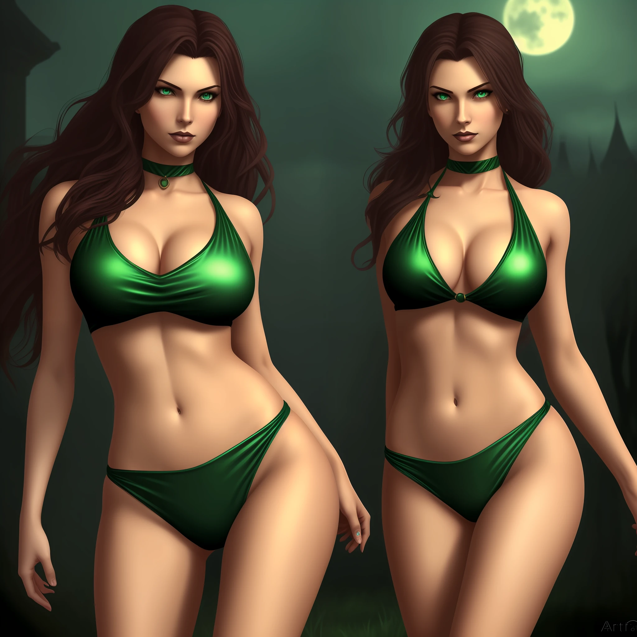 Me in a gothic setting of Castlevania, long brown and curly hair, elongated and well-defined face with features of a tall woman with Italian ancestry, wearing greenish bikini and metallic gold, green eyes, wide hips, intricate details. The background is dark and Gothic, adding to the mysterious atmosphere. This art is on the rise at ArtStation, capturing the essence of the iconic Symphony of the Night game. The illustration is soft, with sharp focus, showing the beauty and fascination of me
