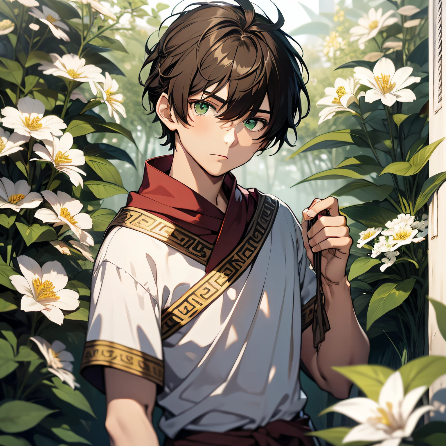 15-year-old boy, ancient Greek clothes, wearing toga, brown hair, green eyes, masterpice, in a camp of white flowers, looking at the viewer