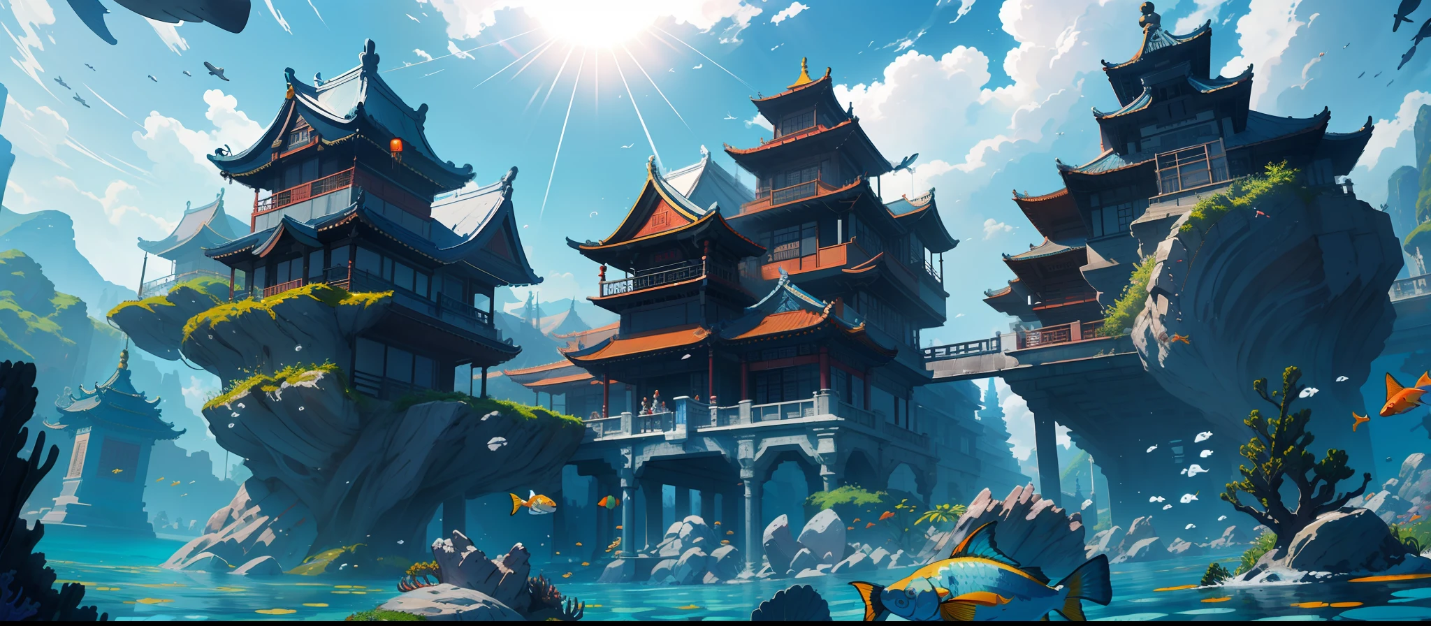 Masterpiece, best quality, high quality, 8K, very detailed CG unified 8k wallpaper, surrealistic Chinese palace, Chinese style architecture, building underwater, swimming fish around the palace, underwater world, underwater perspective Chinese mythology, classic of mountains and seas, kun, dragon, nezha, mixed sky aya, in a futuristic prehistoric environment, splashing water, sandy debris, lens flare, sunlight illuminated underwater, clouds underwater, super detailed, HDR, blooming, realism, super detailed