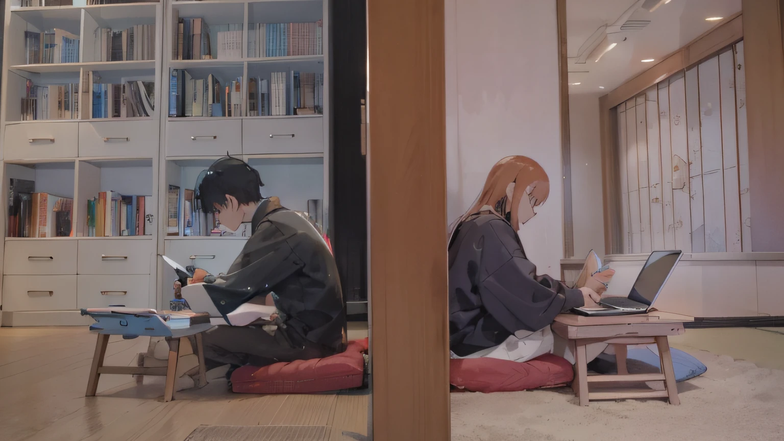 there are two people sitting on the floor using laptops, in a japanese apartment, still from a live action movie, studyng in bedroom, cinematic shot ar 9:16 -n 6 -g, live-action archival footage, lofi, lofi feel, anime film still, scene from live action movie, still from a movie, still from the film, comic book illustration