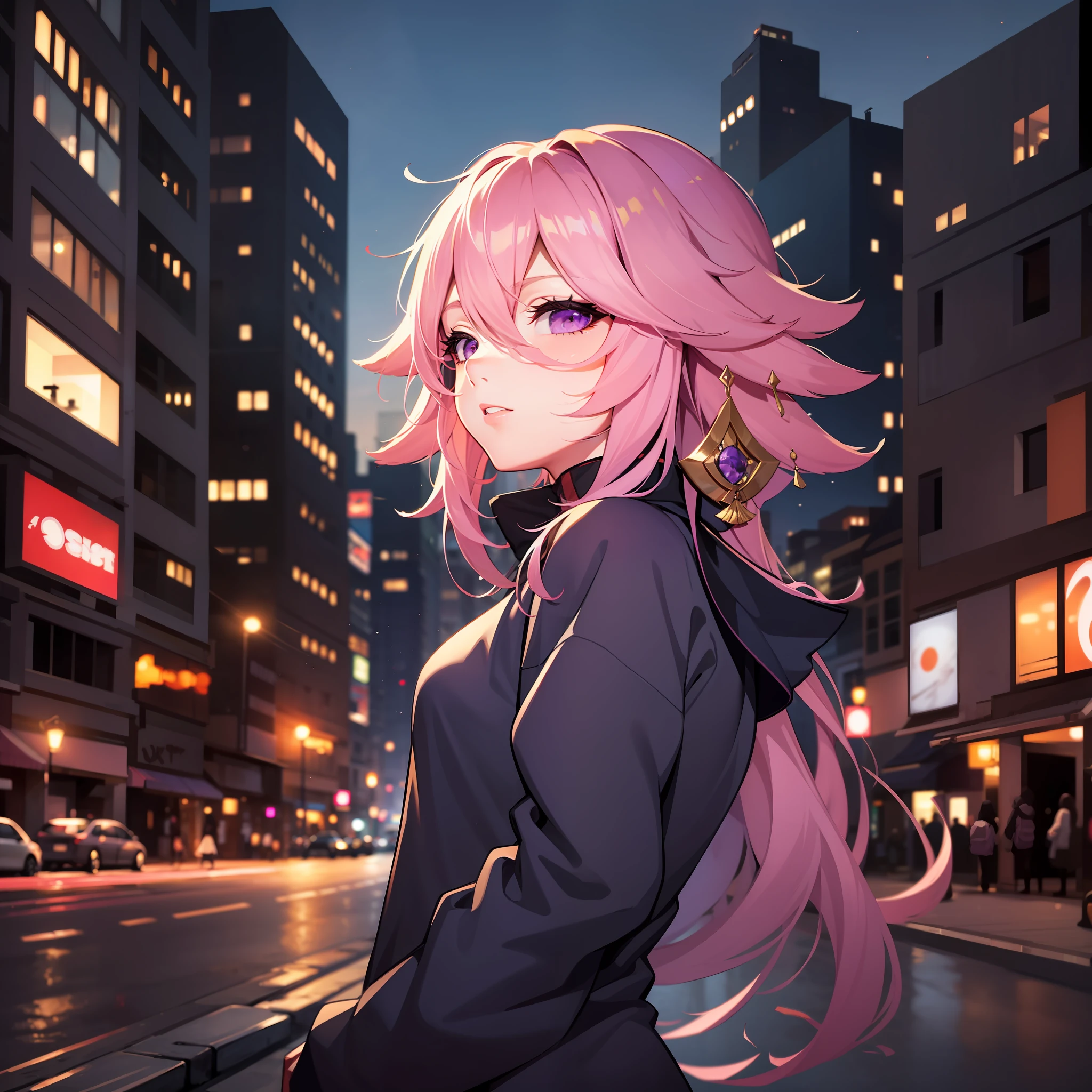 Girl and Pink hair, Purple eyes, black sweatshirt with green details, in a city at night, YAE MIKO