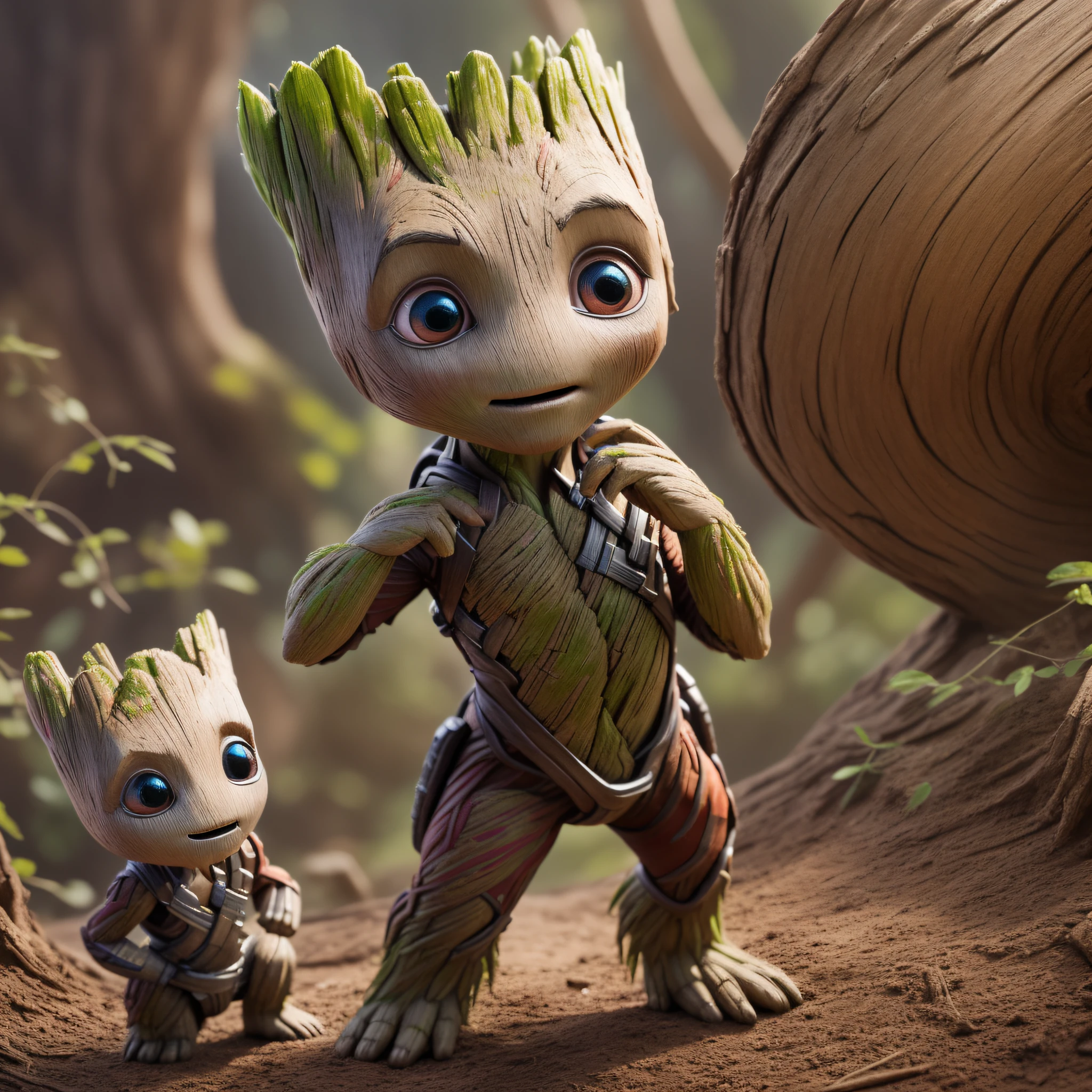 "Create a breathtaking masterpiece featuring a full body portrait of Baby Groot from the Guardians of the Galaxy franchise. The image should be rendered in stunning hyperrealism and displayed in glorious 8K resolution. Capture every intricate detail of Baby Groot's bark-like skin, delicate branches, and adorable expression. Pay special attention to the lifelike textures and subtle nuances of light and shadow. The background should complement Baby Groot's character, perhaps set in a lush forest environment or against a celestial backdrop. Use your expertise to bring this beloved character to life with the utmost precision and artistic brilliance. This portrait should truly be a visual marvel, showcasing Baby Groot's innocence, charm, and unique personality. Let your mastery of photography and hyperrealism shine through in this exceptional creation."