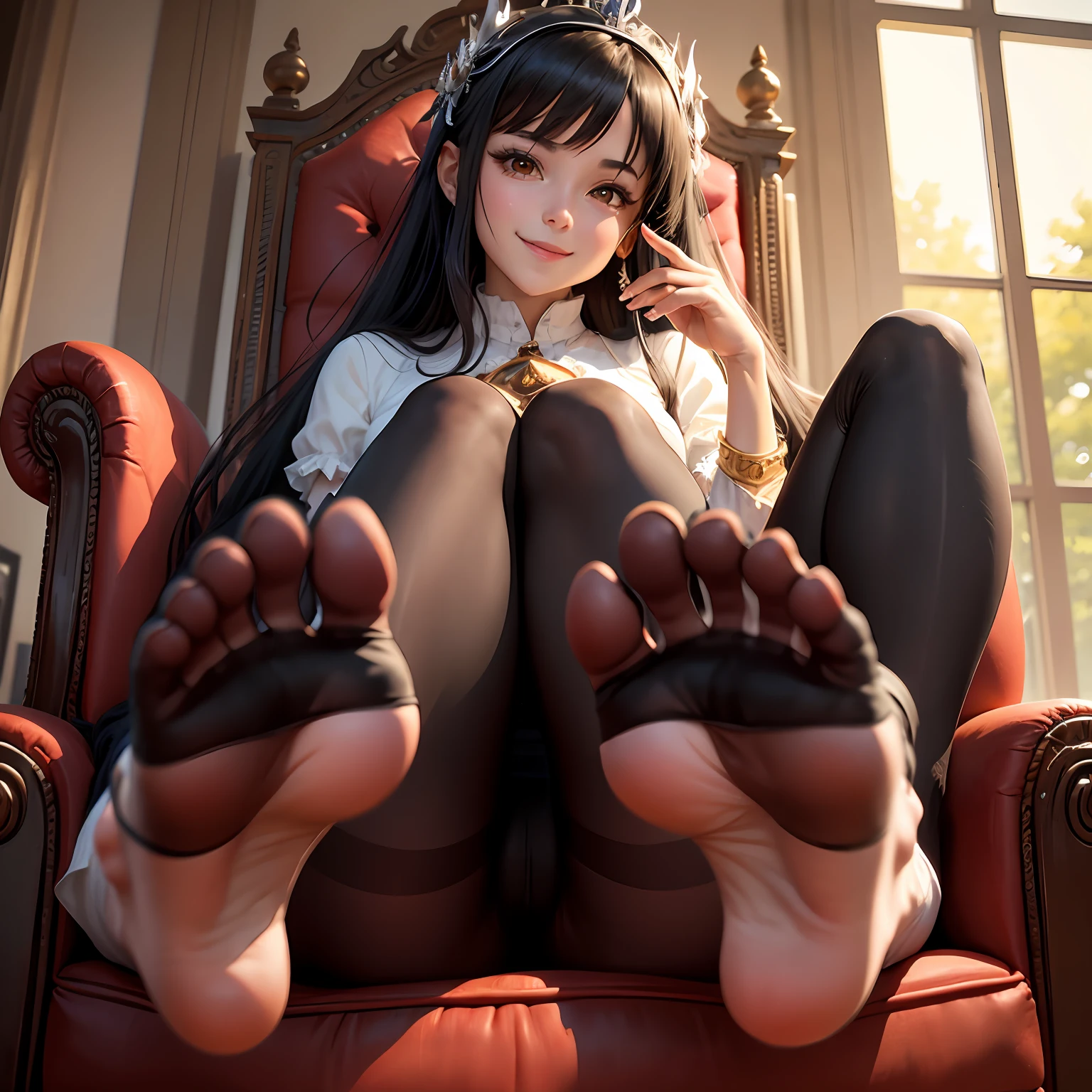 A close-up of an anime queen sitting on the throne with a pair of feet, long black hair, wearing black tights, red eyes, no shoes, soles of feet facing you, bread between toes, anime girls sitting, beautiful anime girls sitting, bad smile expression, kavasi, holding a wine glass, bottom perspective, fine details, foot details, wearing pantyhose, detailed legs looming over you --auto