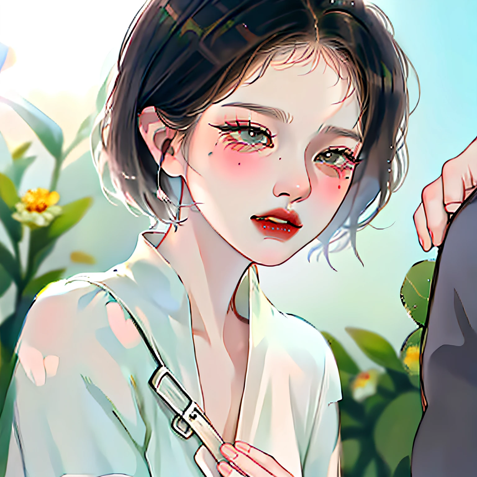 Boy red lips skin white black hair crying tears in eyes all over picture beautiful white clothes background in garden, black hair, mole under eye, furrowed brow, hollow eyes, crying with eyes open, clenched teeth, tearing up, nervous, light blush, sobbing, short hair, short hair, first-person view, pov, masterpiece, highres, best quality --auto