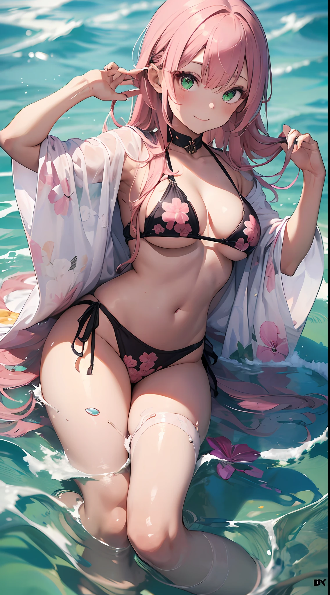 (((Masterpiece))),((Ultra detail,Top quality, High Definition, 8k wallpaper, Beautiful clothes,)),Full Body,Full Body Shot (1 girl)((Pink hair,Long hair,Straight hair,Both sides up))(Green eyes),Eye shadow,Eyeliner,Glowing eyes,Ultra detailed eyes,Complex eyes,Beautiful eyes,((Glowing pink pupil))) 18 year old girl. Captivating smile. Small breasts. She is wearing a transparent kimono made of PVC material. Bikini with Japanese pattern. Kimono. sea