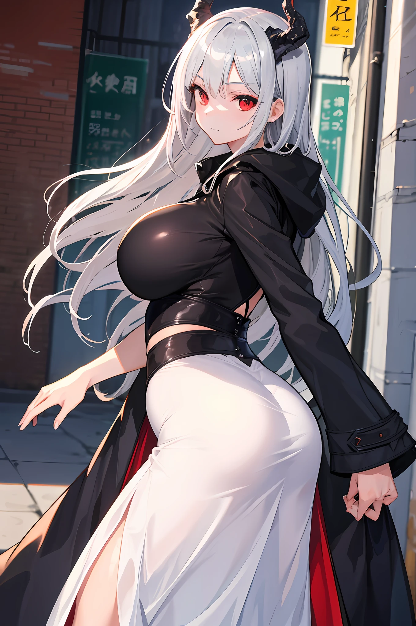 masterpiece, Best quality, high_resolution, fine details, very detailed and beautiful, distinct_image, 1个女孩, Solo, ,Silver,,,,haired Front facing, Red eyes, Dragon horns, (huge breasts), (), Curvaceous,(Long coat),Back alley