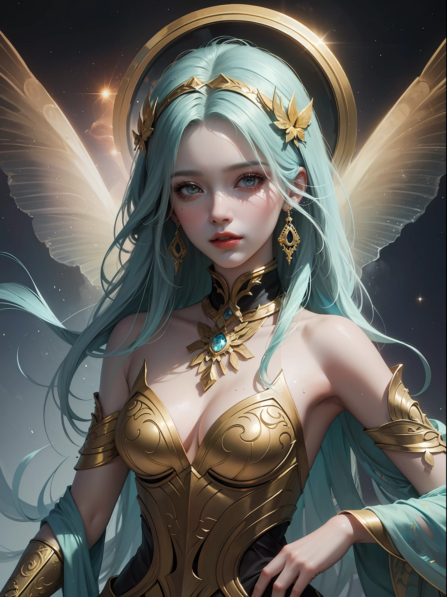 ((Best Quality, 8k, Masterpiece: 1.3)) Beautiful Woman: 1.3, Beautiful Face, Crawling Saturated Colors, Psychedelic Images, LSD, Mandala, Fractals, Clothing, Tattoos, Painted Body, Body Tilted Forward, Similar to Alex Gray's Art, Lots of Color Saturation, Swirls, Surreal, Planet Earth, Galaxies, Lots of Lighting, Shadows and Contrast, Role Play, Realistic Eyes, Green Iris, 3D Depth, Realistic Skin Texture, Detailed Sharp Scales, Colorful, fantasy art, artgerm ruan jia and greg rutkowski surrealist wet lacquer gold butterfly filigree art, broken glass