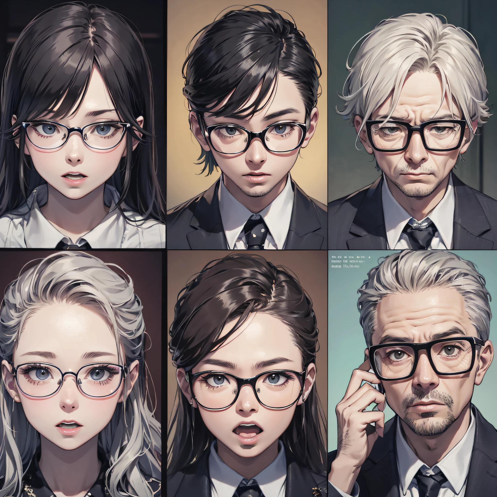 Absurd resolution, high resolution, (master masterpiece: 1.4), hyperdetail, several stand-up show commentators, suits, wearing glasses, sitting, holding microphones, shocked and surprised expressions