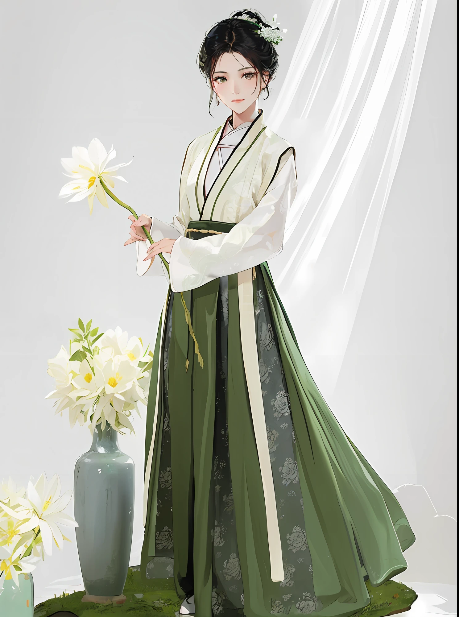 araffe woman in a green and white dress holding a flower, hanfu, wearing ancient chinese clothes, white hanfu, traditional chinese clothing, with acient chinese clothes, palace , a girl in hanfu, chinese costume, inspired by Gu An, inspired by Emperor Huizong of Song, traditional dress, imperial royal elegant clothing, traditional clothing