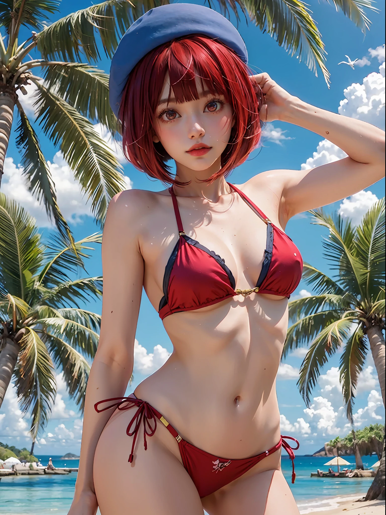 1girl, Kana Arima, Hat, Blue hat, Beret, Blunt bangs, Red bikini, (Red hair, red eyes: 1.5), (Masterpiece: 1.2), Hi-Res, Top Quality, 8K, (Beach, Palm trees), Beach, Clear Water, (Blue Sky, Cumulonimbus),(Island),(Hibiscus),Bob Cut
