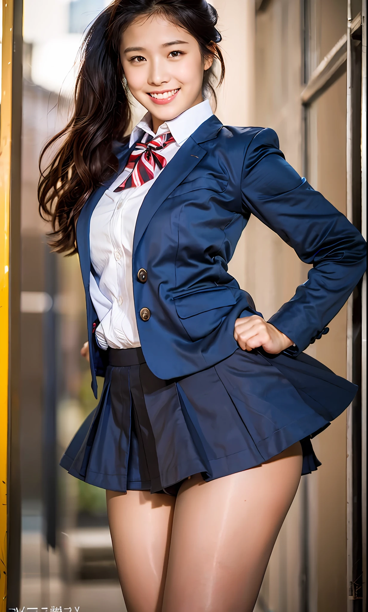 ulzzang-6500-v1.1, (Raw photo:1.2), (Photorealistic:1.4), Beautiful detailed girl, Very detailed eyes and face, Beautiful detailed eyes, Ridiculous, Incredibly ridiculous, Huge file size, Ultra detailed, High Definition, Very detailed, Best quality, Masterpiece, Kemomimi, ((Japan Girls' High School Uniform)), Illustration, Very detailed, CG, unification, 8k wallpaper, fantastic, fine details, masterpiece, best quality, highly detailed cg uniform 8k wallpaper, light on face, movie lighting, 16 year old girl, (((smile)), ((dynamic pose))), (camel toe), (big), (dark blue skirt), (model body type)), dark brown hair color, ponytail hairstyle, dark blue jacket,