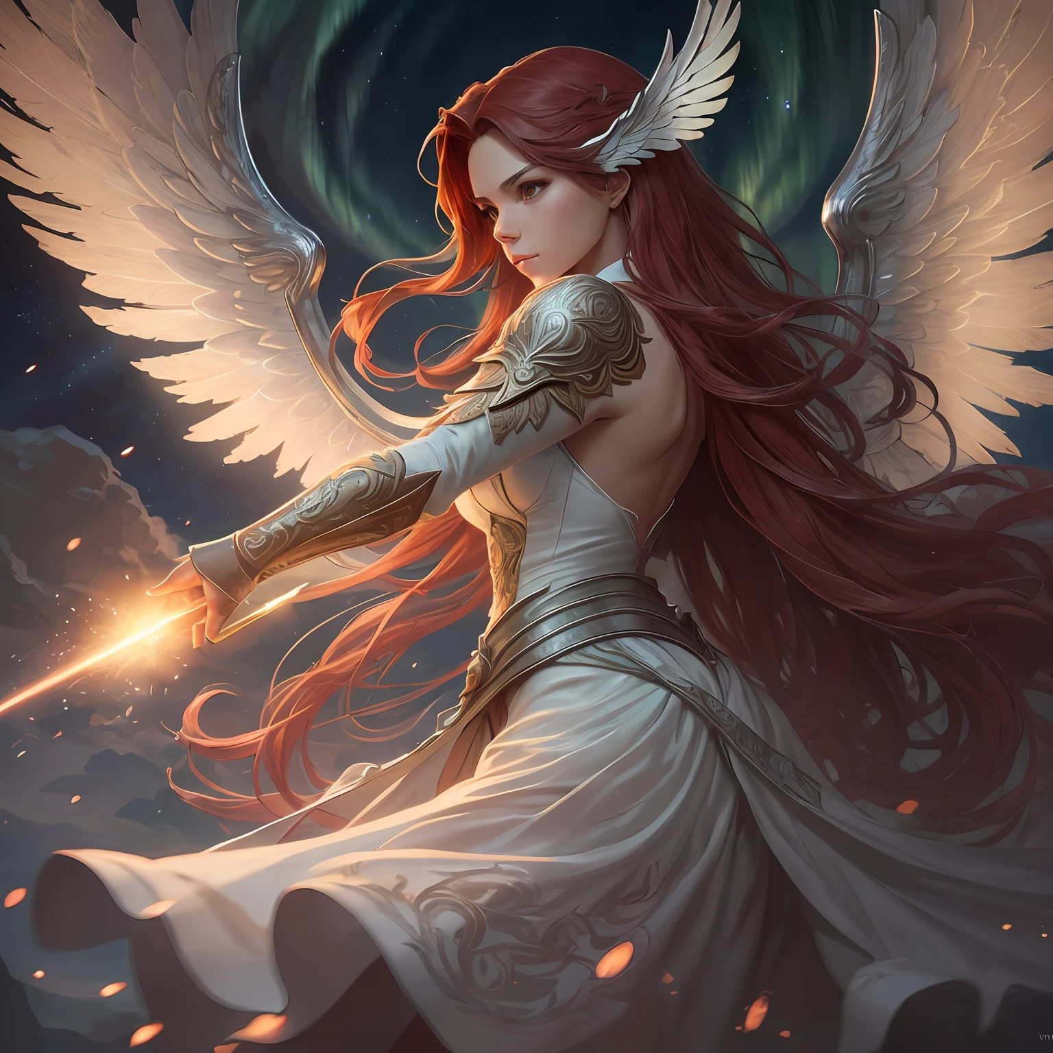 (atmosphere with light and a tree behind)+ 8k aurora portrait, girl with super long hair, super long very light red hair, in battle clothes, with giant silver wings on the back, intricate, highly detailed, digital painting, smooth, sharp focus, illustration, unreal engine 5, 8 k, art by Artgerm and Greg Rutkowski and Alphonse Mucha