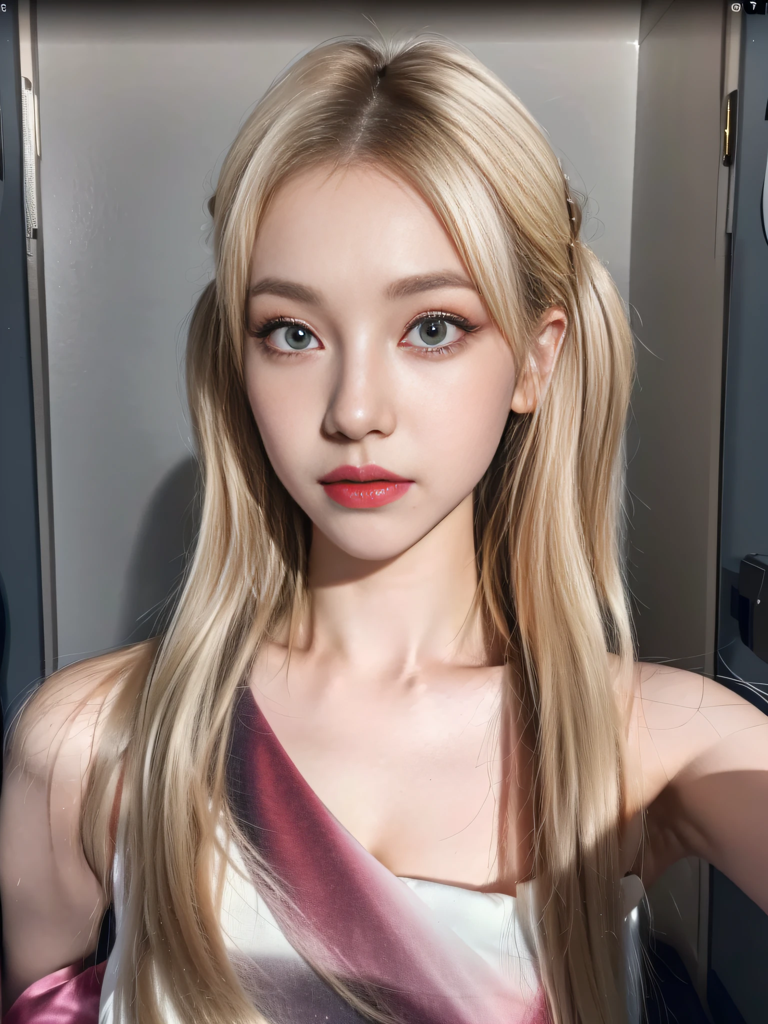 (8k, 4k, best quality, highres, ultra high res:1.1), (masterpiece, realistic, photo-realistic:1.1), 1girl,  face, close-up, twintails, blonde hair, black eyes, red lips,  (looking at viewer:2), absurdly long hair, long eyelashes, eyeshadow,  small face, big eyes,
bare shoulders,
high contrast,