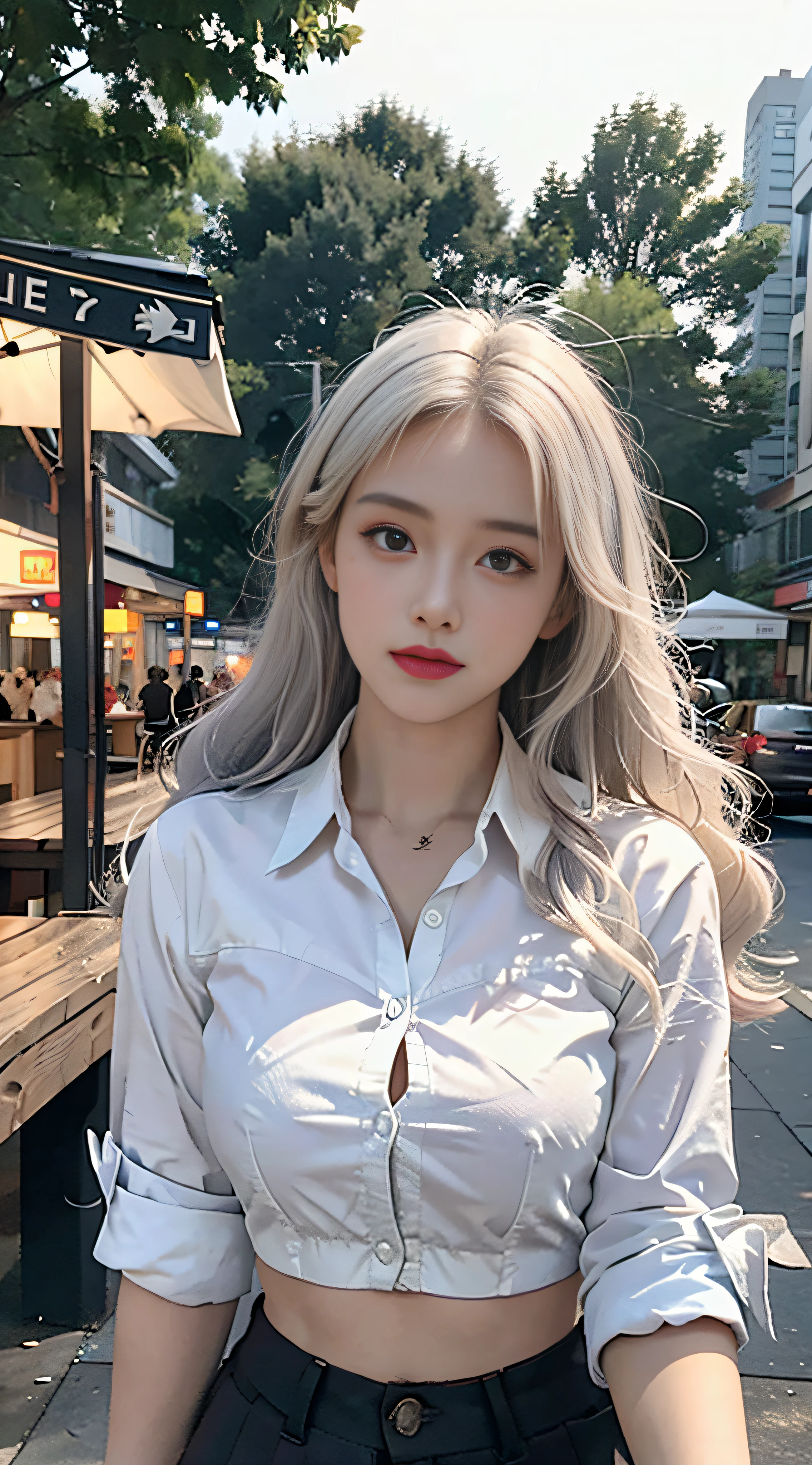 ((Realistic lighting, Best Quality, 8K, Masterpiece: 1.3)), Clear focus: 1.2, 1girl, Perfect Body Beauty: 1.4, Slim Abs: 1.1, ((White hair, Big breasts: 1.8)), Cowgirl pose, (Outdoor, Night: 1.1), Nightclub Street, Super Fine Face, Fine Eye Wear, Double Eyelids, Curly Hair, Student Uniform, Holes