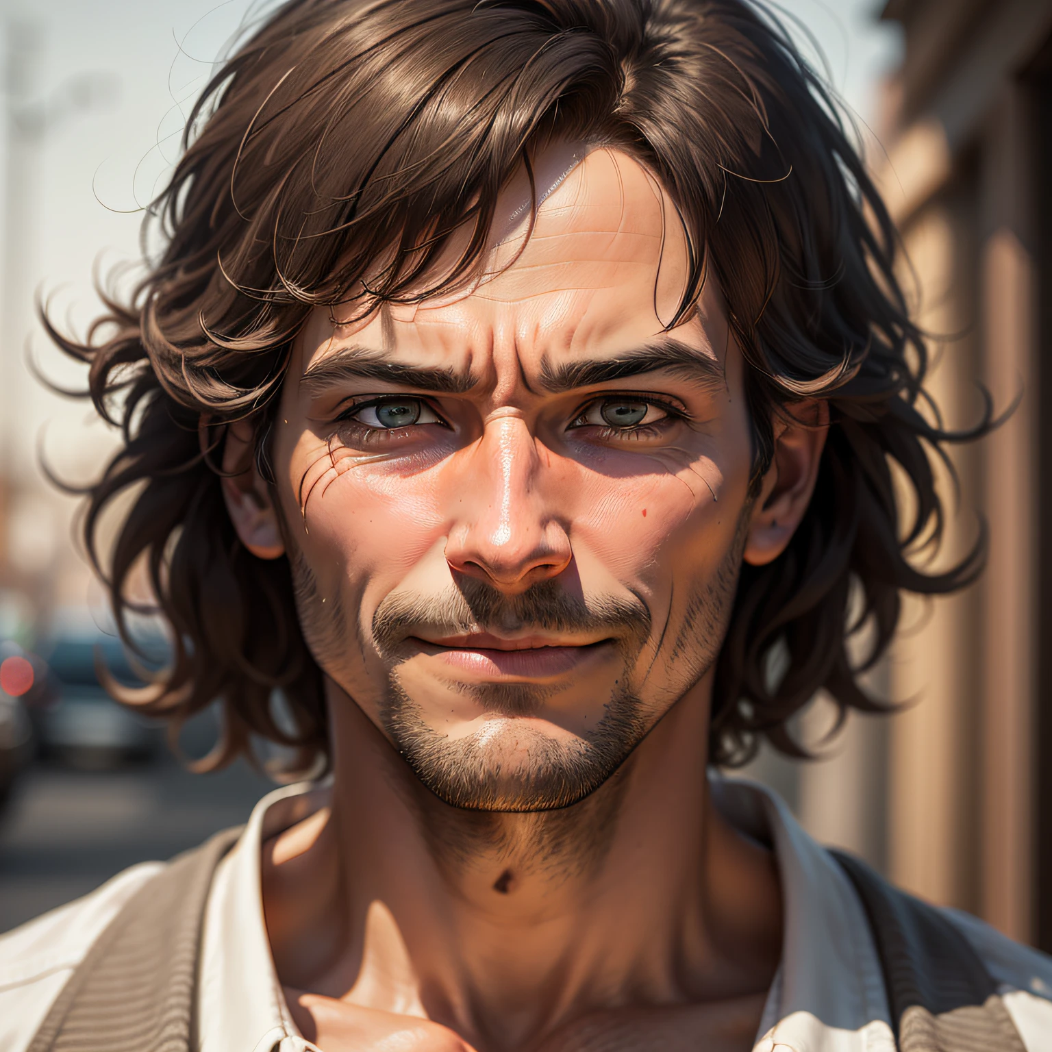 Happy man, face forward, avoiding looking at the camera embarrassed, dark circles, tired, dry mouth, messy hair, (4k, sharp, face with high details)