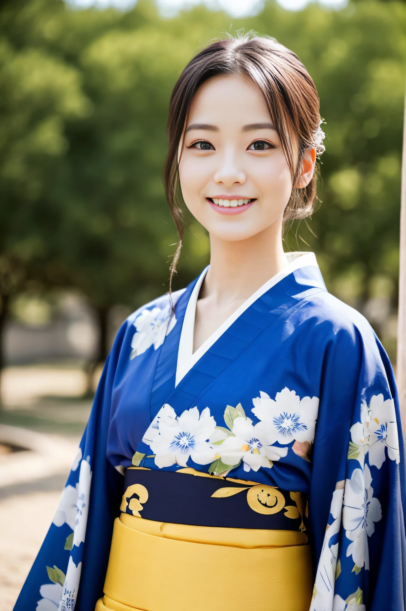 ((Top Quality, 8K, Masterpiece: 1.3)), Sharp Focus: 1.2, (Super Beautiful Face: 1.0), (Slender Abs Beauty: 1.0), (Shiny Skin: 1.0), Realistic Photography, Black Hair, Realistic Pupils, Video Lighting, High Definition Eyes and Face, Video Lighting, (Cowboy Shot: 1.3), (kimono, hakama, obi: 1.4), (Korean Cute Actress), in nature, traditional kimono, happy, Looking at the audience, head on,