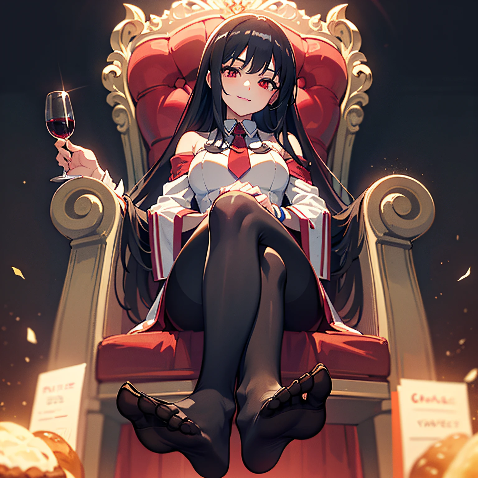 A close-up of an anime queen sitting on the throne with a pair of feet, long black hair, wearing black tights, red eyes, no shoes, soles of her feet facing you, bread between her toes, bread between her toes, bread between her toes, anime girl sitting, beautiful anime girl sitting down, smiling expression, kavasi, holding a wine glass, bottom perspective, fine details, foot details, wearing pantyhose, detailed legs looming over you --auto