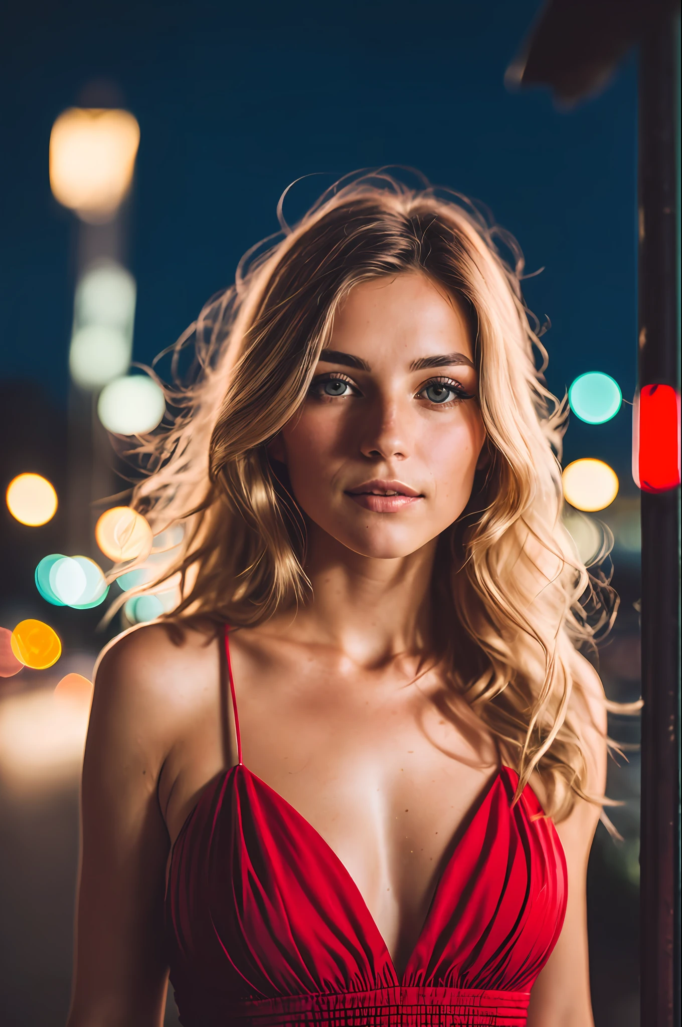 RAW uhd closeup portrait of a 24-year-old blonde, natural blonde hair, locks, wavy, (brown-eyed woman) in an apartment, new york background, night starry sky, ,breasts naturais_b, city night background, (red summer dress), (neckline), detailed (textures!, hair!, brightness, color!, imperfections:1.1), highly detailed bright eyes, (looking at the camera),  specular lighting, dslr, ultra quality, sharp focus, sharp, dof, film grain, (centered), Fujifilm XT3, crystal clear, center of frame, cute face, sharp focus, light pole, neon lights, bokeh, (dimly lit), low key, at night, (night sky)