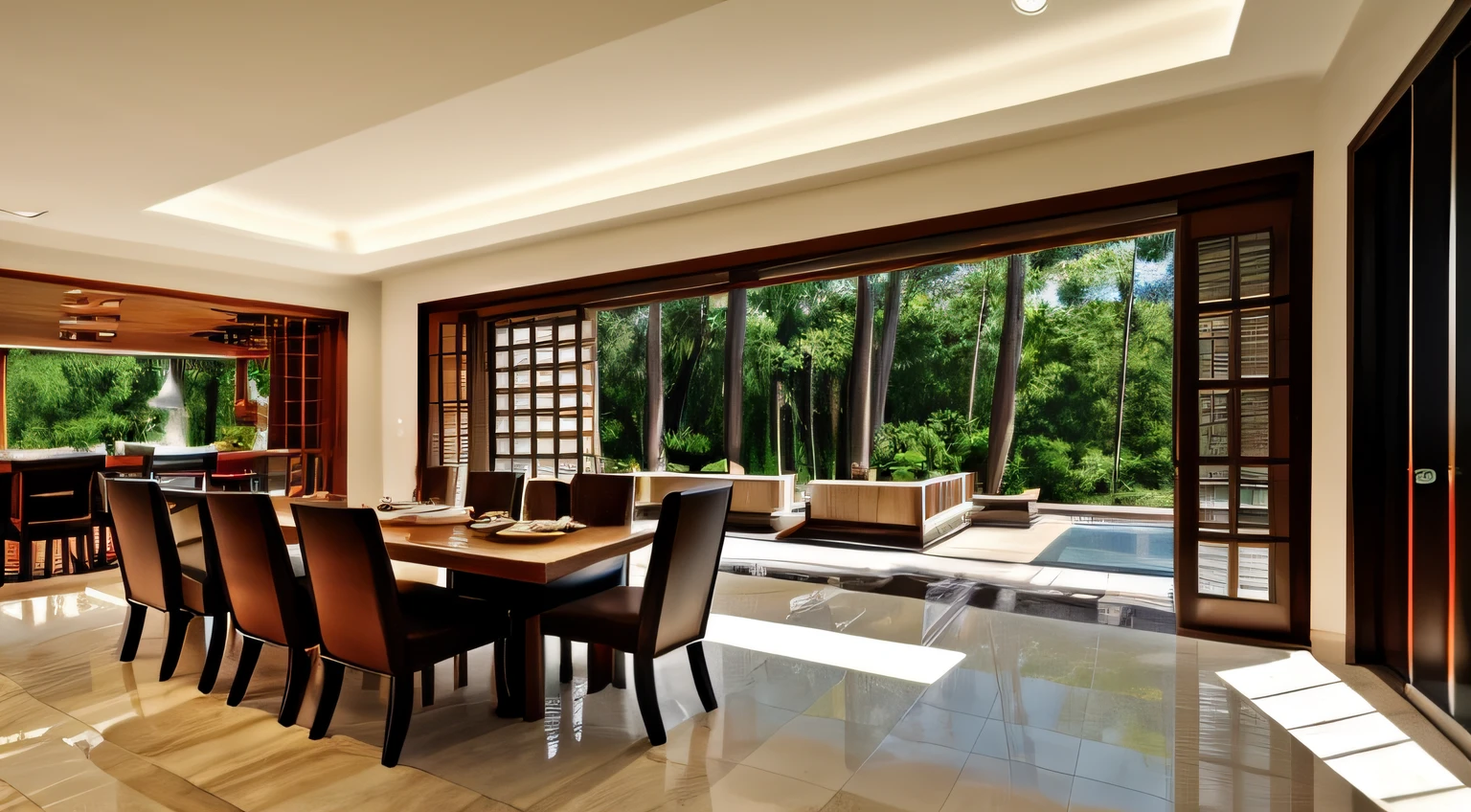Interior design, amazingly detailed wide angle architectural photography, cozy designer living room (warm bright sunlight 1:0.1), award-winning contemporary interior design, landscape, table, chair, interior, hardwood floor, window, restaurant, east asian architecture, sliding doors, lamp, architecture, forest, nature, cup, plant, INTERIOR DESIGN, interesting lights and shadows, depth of field