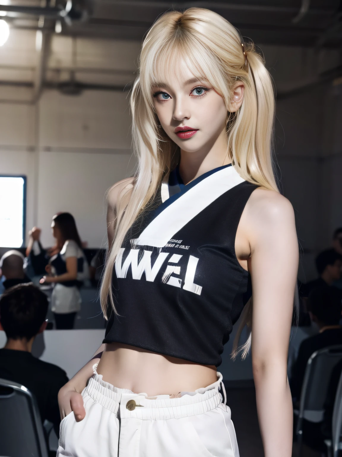 (8K, 4K, Best Quality, Highres, Ultra High Res:1.1), (Masterpiece, Realistic, Photo-Realistic:1.1), 1girl, Face, Close-Up, Twintails, Blonde Hair, Black Eyes, Red Lips, (Looking in Audience: 2), Wearing a trendy football uniform, bare waist, football shorts, ridiculously long hair, long eyelashes, eye shadow, small face, big eyes, bare shoulders, high contrast,