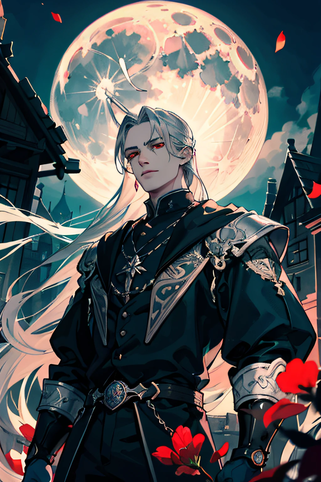 masterpiece, best quality, 1 male, adult, tall muscular, handsome, finely detailed eyes, intricate details, long silver hair, red eyes, intricate details, fantasy, night, (dark theme), cinematic lighting, colorful, portrait, flying petal, Flowery meadow, cloudy sky, building, moon, light, dutch angle, cowboy shot