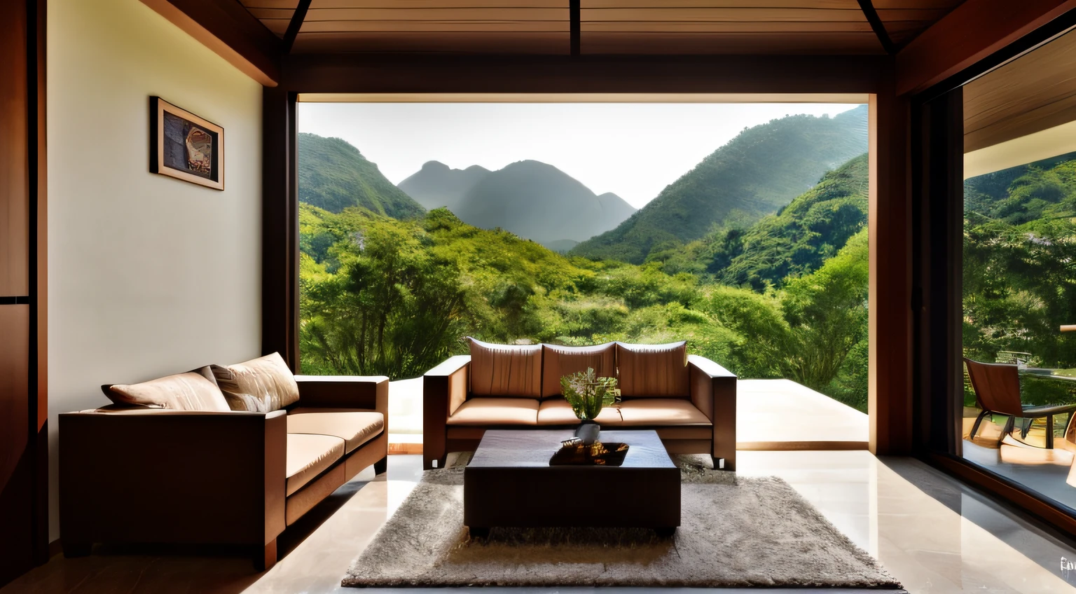 Interior design, amazingly detailed wide angle architectural photography, cozy designer living room (warm bright sunlight 1:0.1), award-winning contemporary interior design, landscape, table, chair, interior, hardwood floor, window, restaurant, east asian architecture, sliding doors, lamp, architecture, forest, nature, cup, plant, INTERIOR DESIGN, interesting lights and shadows, depth of field