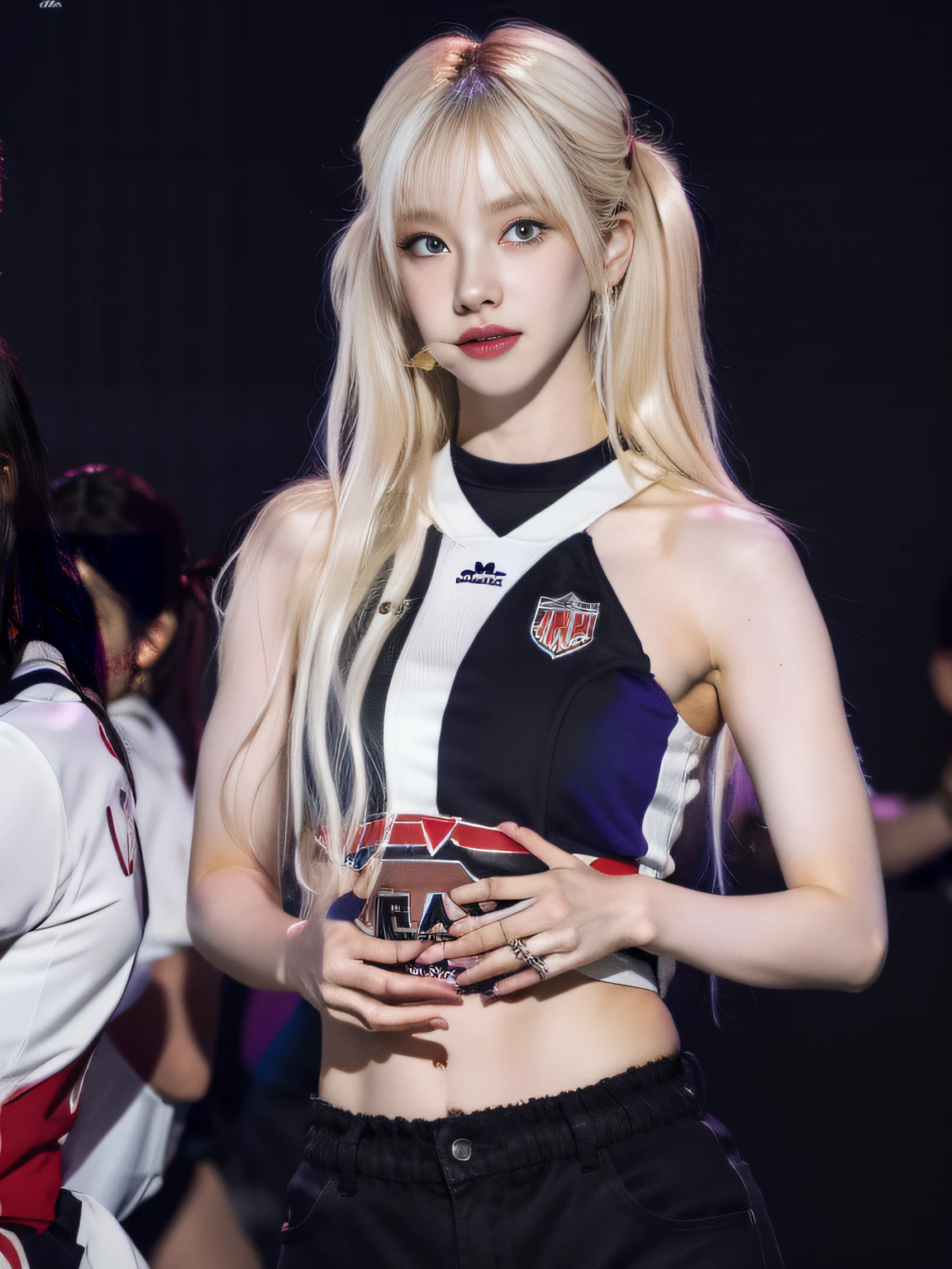 (8K, 4K, Best Quality, Highres, Ultra High Res:1.1), (Masterpiece, Realistic, Photo-Realistic:1.1), 1girl, Face, Close-Up, Twintails, Blonde Hair, Black Eyes, Red Lips, (Looking in Audience: 2), Wearing a trendy football uniform, bare waist, football shorts, ridiculously long hair, long eyelashes, eye shadow, small face, big eyes, bare shoulders, high contrast,