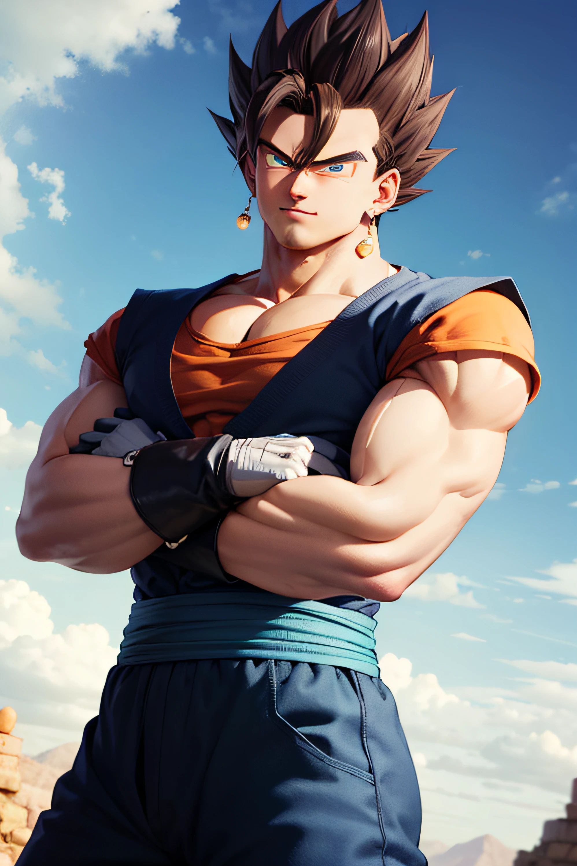 (masterpiece, best quality: 1.2), cowboy shot, strong, muscular, solo, male focus, 1boy, vegetto, smile, looking at the viewer, arms crossed, black hair, spiked hair, blue eyes, dougi, white gloves, pectorals, desert background, levitating stones.