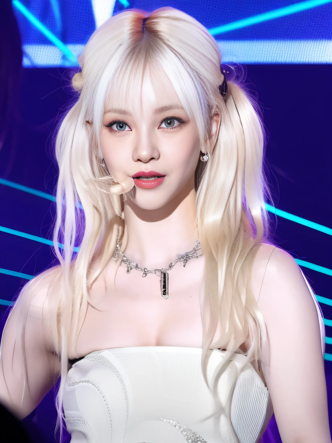(8K, 4K, Best Quality, Highres, Ultra High Res:1.1), (Masterpiece, Realistic, Photo-Realistic:1.1), 1girl, Face, Close-Up, Twintails, Blonde Hair, Black Eyes, Red Lips, (Looking in Audience: 2), White slip dress,, ridiculously long hair, long eyelashes, eye shadow, small face, big eyes, bare shoulders, high contrast,