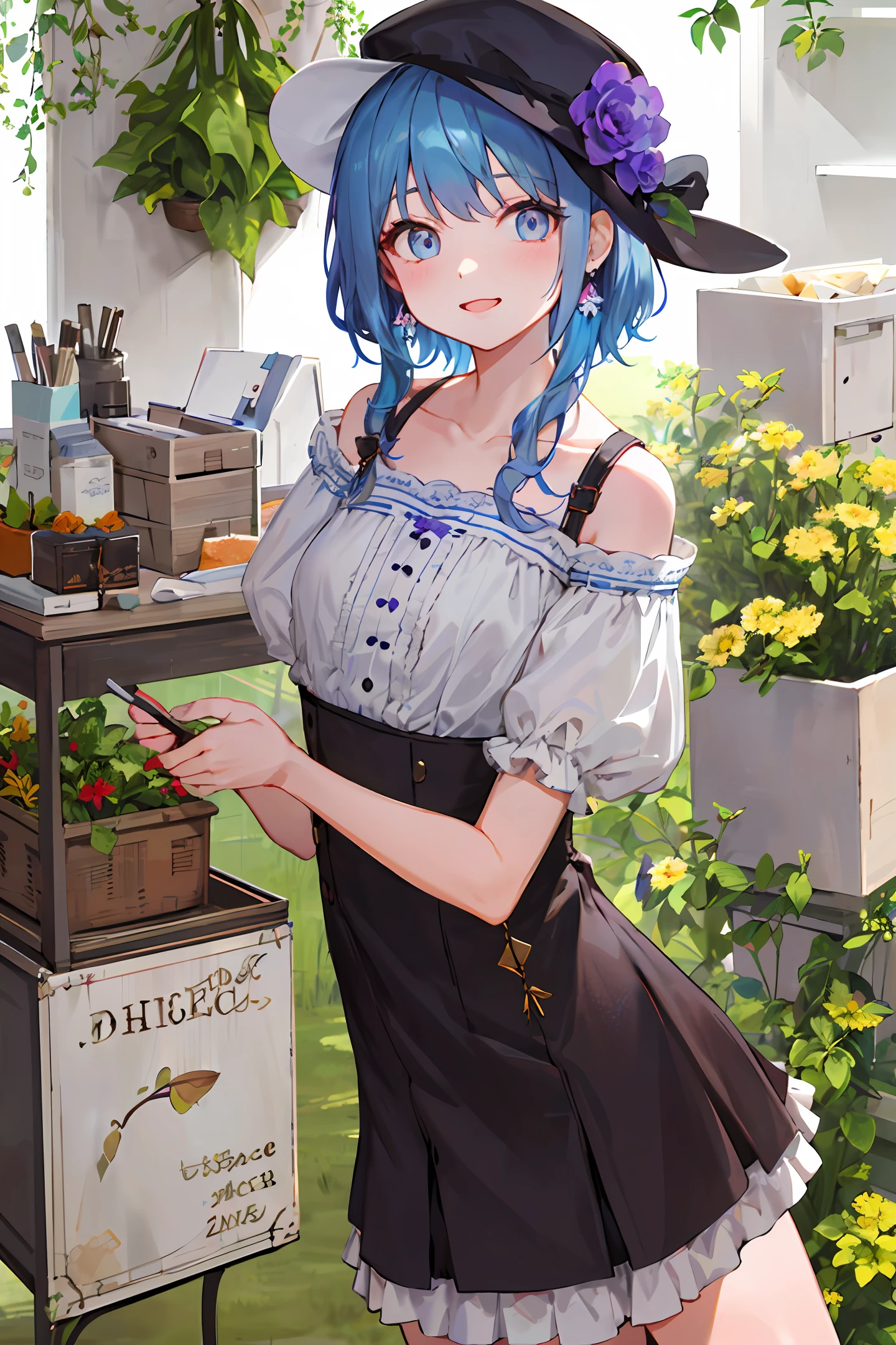 Long blue hair, pink eyes, li holding flowers in her hand, cute, small breasts