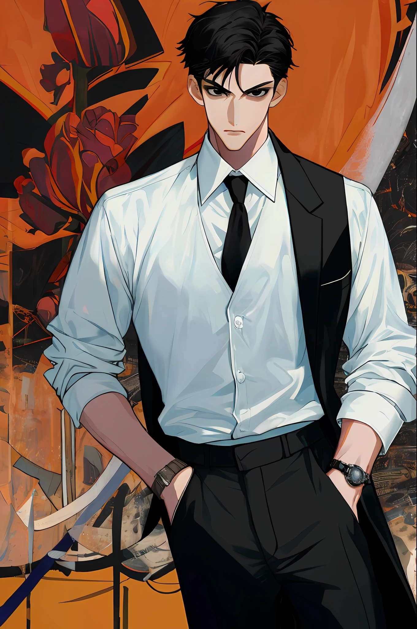 Masterpiece, absurdres, fine detail, HDR,
solo, looking at viewer, short hair, shirt, black hair, 1boy, standing, white shirt, male focus, necktie, collared shirt, pants, black eyes, black pants, formal, suit, black necktie, watch, hands in pockets, wristwatch, black suit, FH