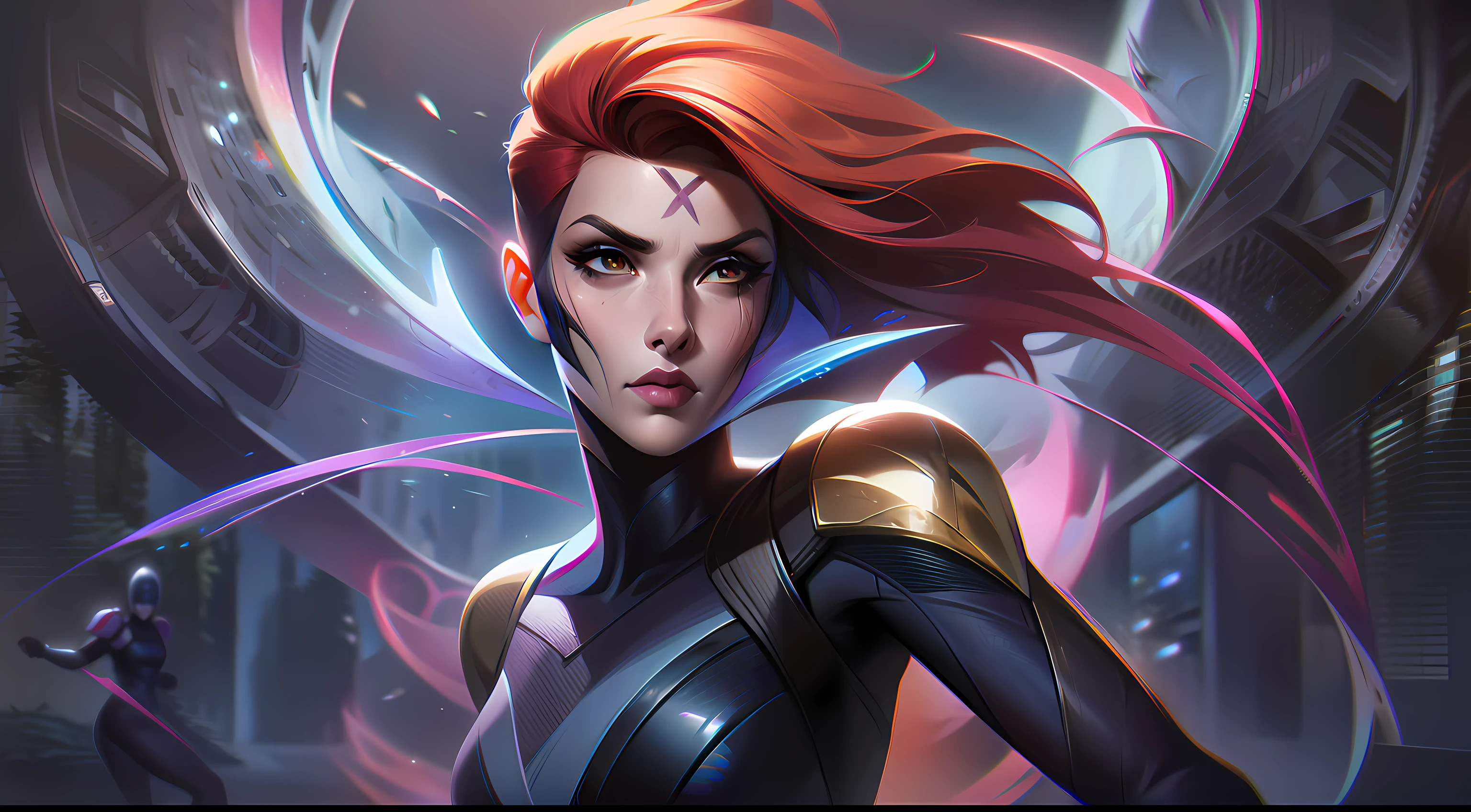Psionic Strike red-haired woman with a confident pose + use psionic energy/forces to power a physical strike + Nate Grey/X-Man Psylocke + Megumu Koyama + forest background + femme fatale splashart, splashart, League of Legends splashart, art, brushstroke, masterpiece, 8k, ultra detailed, HD
