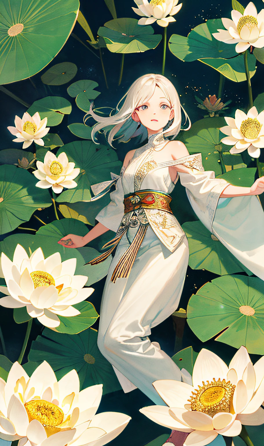 Big lotus leaves, lotus flowers, ink painting style, clean colors, ink style, smudging, decisive cutting, white space, freehand, masterpiece, super detailed, epic composition, high quality, highest quality, lotus fairy, ancient style, Dunhuang flying sky