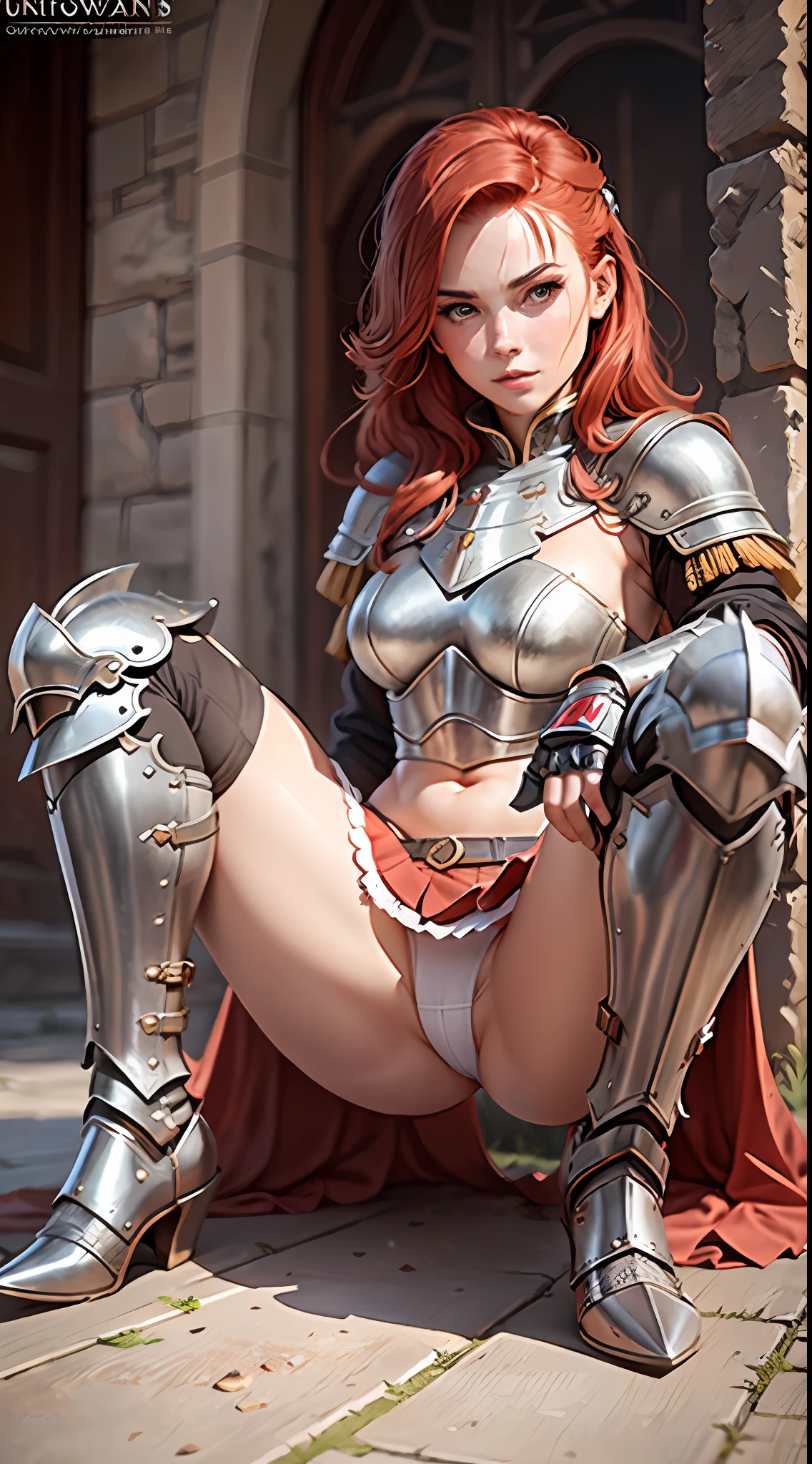 Redhead warrior, detailed, 1 girl, beautiful, 8k, artwork, ultra realistic, medieval fantasy, steel breastplate, steel gauntlets, steel gloves, steel boots, red skirt, miniskirt, sitting, open legs, panties, panties appearing, white panties, upskirt, cameltoe, thong, nsfw, pantyshot