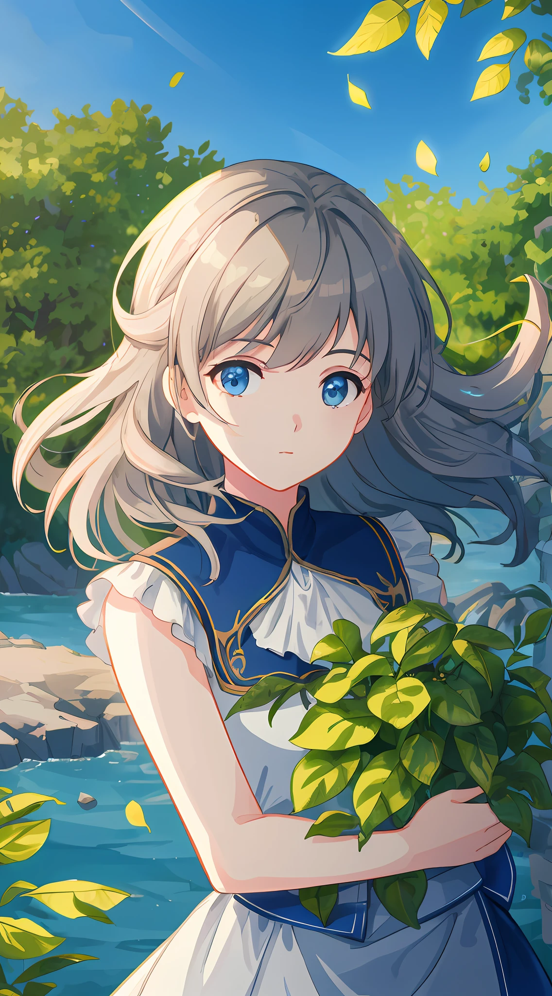 Masterpiece, best quality, (very detailed CG Unity 8k wallpaper) (best quality), (best illustration), (best shadow) nature', detail enhancement, blue sea, delicate leaves of various colors falling in air light tracking, super detailed --v6