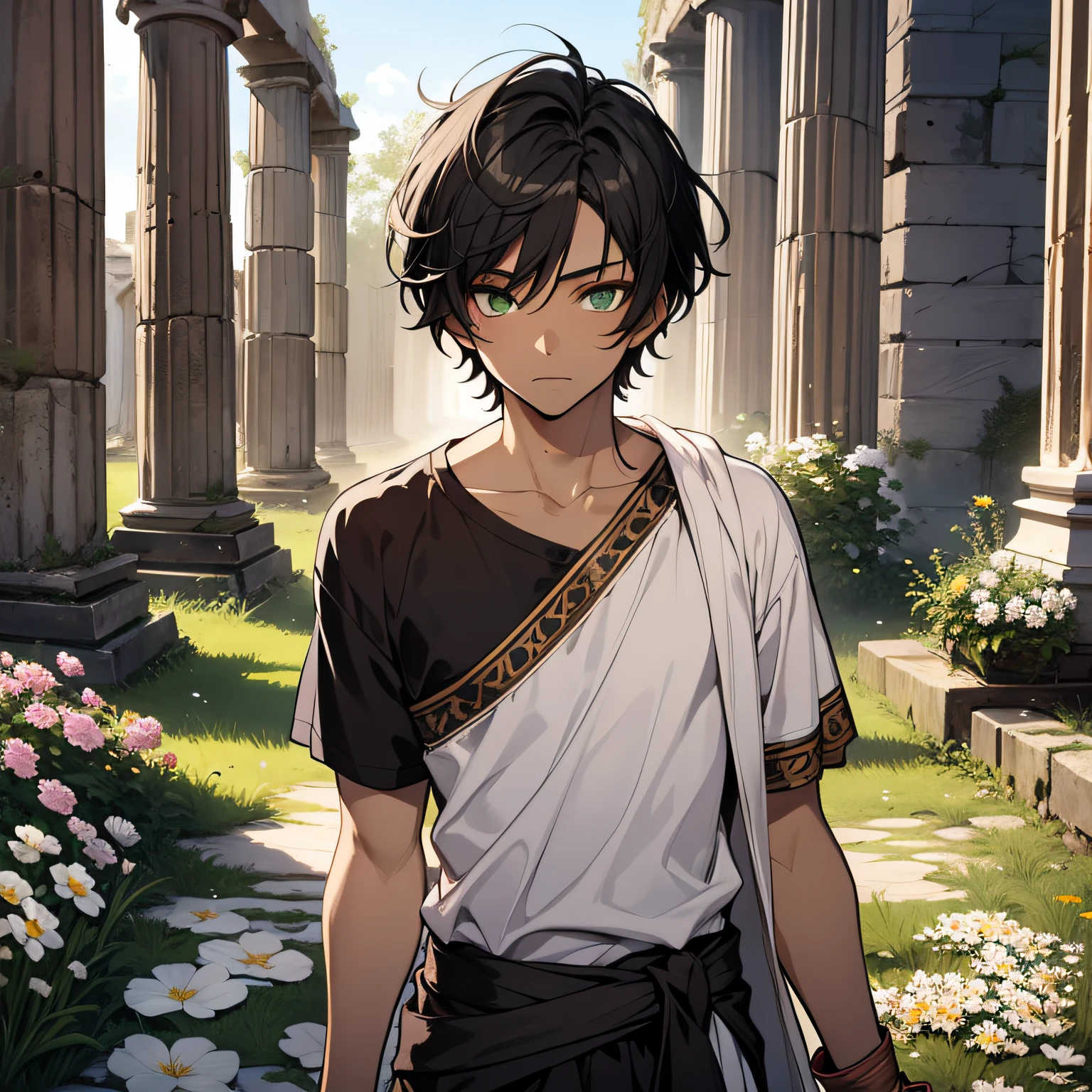 Boy , ancient Greek clothes, wearing toga black hair, brown skin, green eyes, masterpice, in a field of white flowers, ancient Greek ruins, looking at the viewer