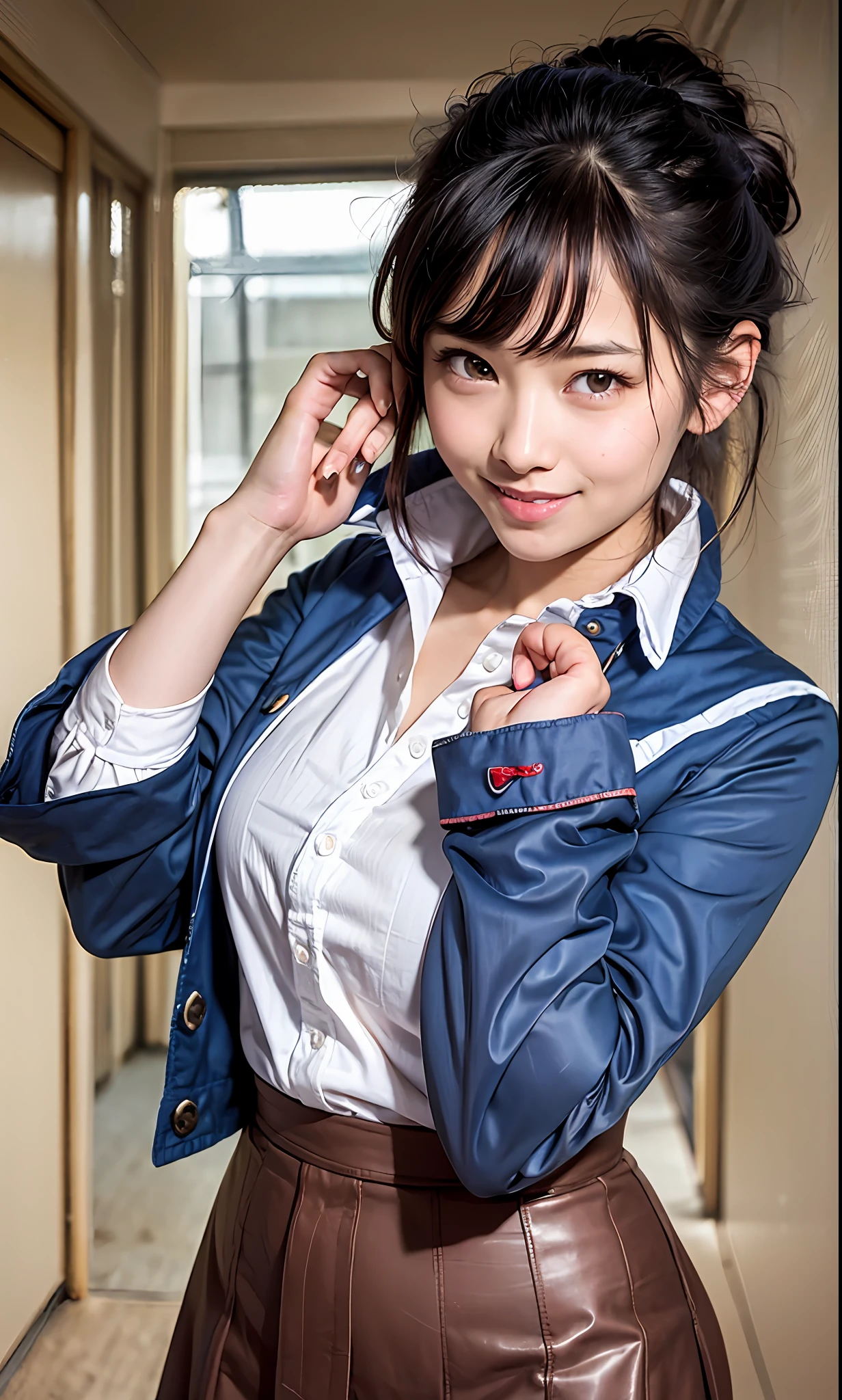 ulzzang-6500-v1.1, (Raw photo:1.2), (Photorealistic:1.4), Beautiful detailed girl, Very detailed eyes and face, Beautiful detailed eyes, Ridiculous, Incredibly ridiculous, Huge file size, Ultra detailed, High Definition, Very detailed, Best quality, Masterpiece, Kemomimi, ((Japan Girls' High School Uniform)), Illustration, Very detailed, CG, unification, 8k wallpaper, fantastic, fine details, masterpiece, best quality, highly detailed cg uniform 8k wallpaper, light on face, movie lighting, 16 year old girl, (((smile)), ((dynamic pose))), (camel toe), (big), (dark blue skirt), (model body type)), dark brown hair color, ponytail hairstyle, dark blue jacket,