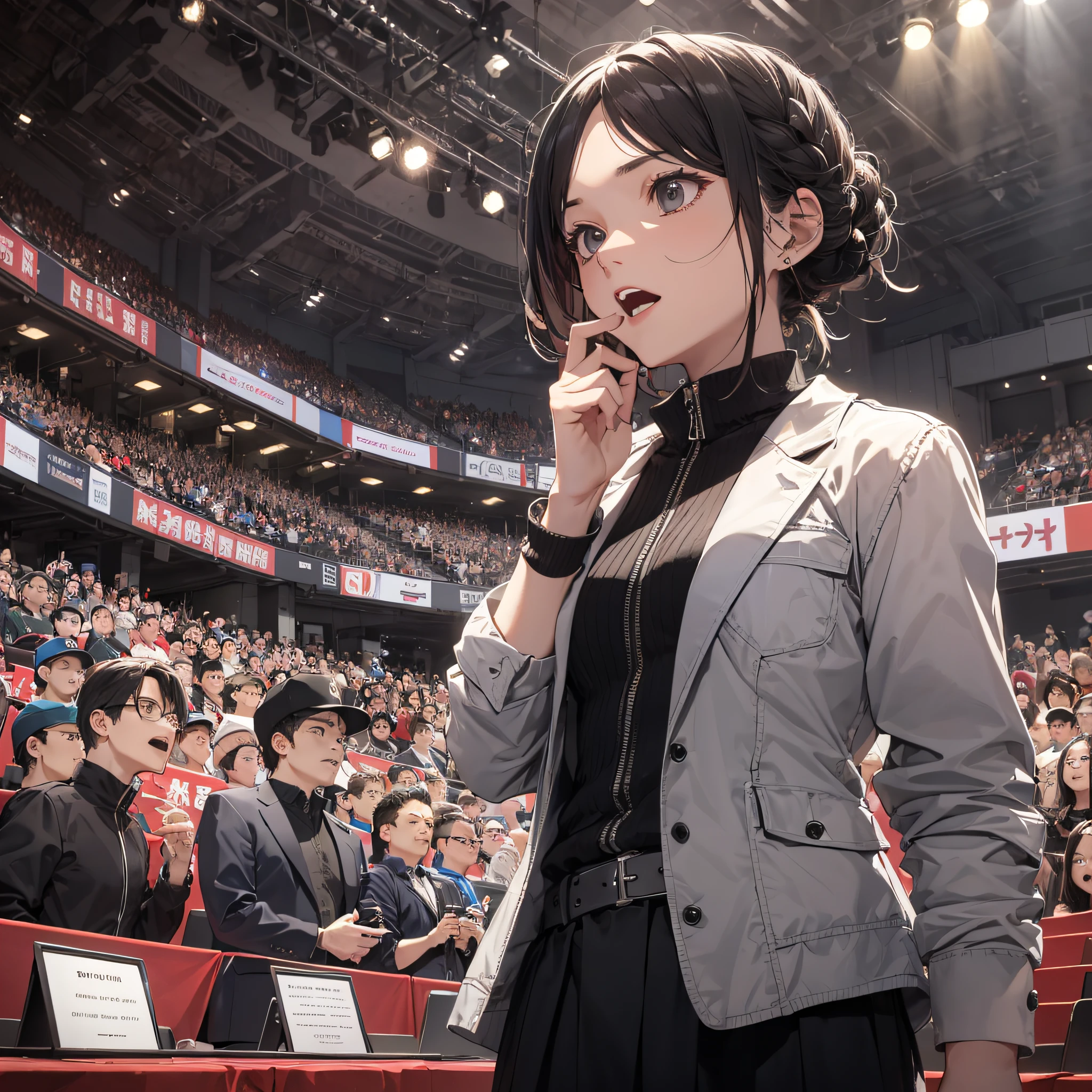 Absurd resolution, high resolution, (master masterpiece: 1.4), hyper-detail, stand-up comedy audiences look at the stage with serious expressions
