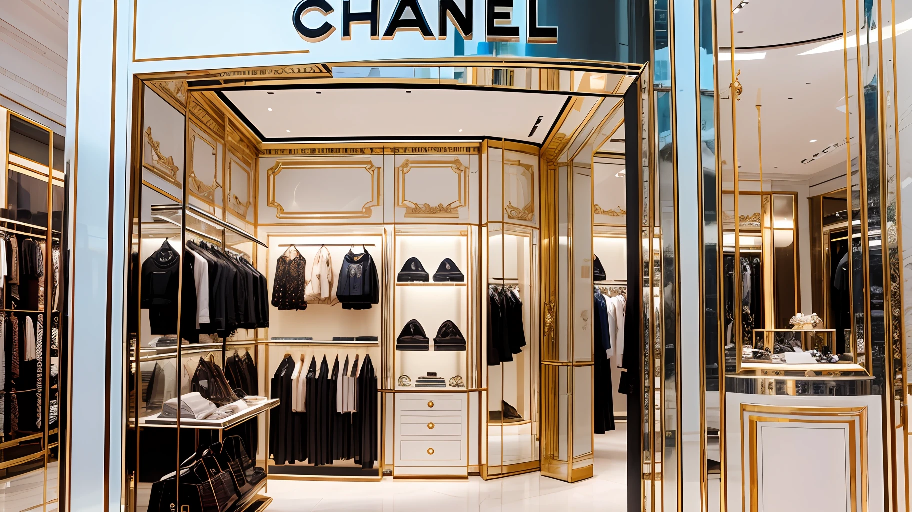 A luxury Chanel Paris store with perfumes, clothes and handbags, details in another and super realistic chrome, high level of detail --auto