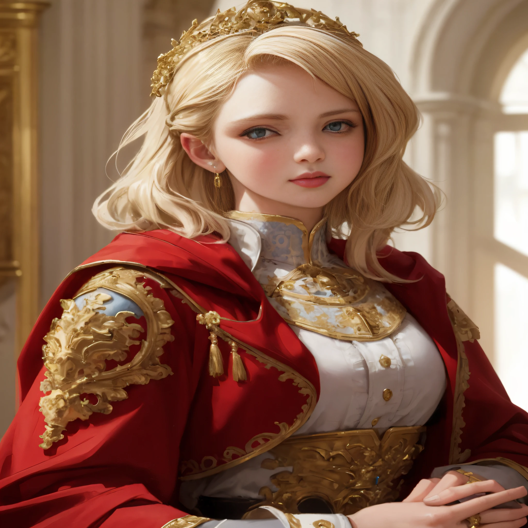 (masterpiece: 1.2, best quality), realistic, (real picture, complex details, depth of field), best quality, masterpiece, high detail, semi-realistic, 1 girl, adult woman, 21 years old, with short golden hair, eyes covered with hair on the left, blue eyes, royal clothes, red cloak, slim figure